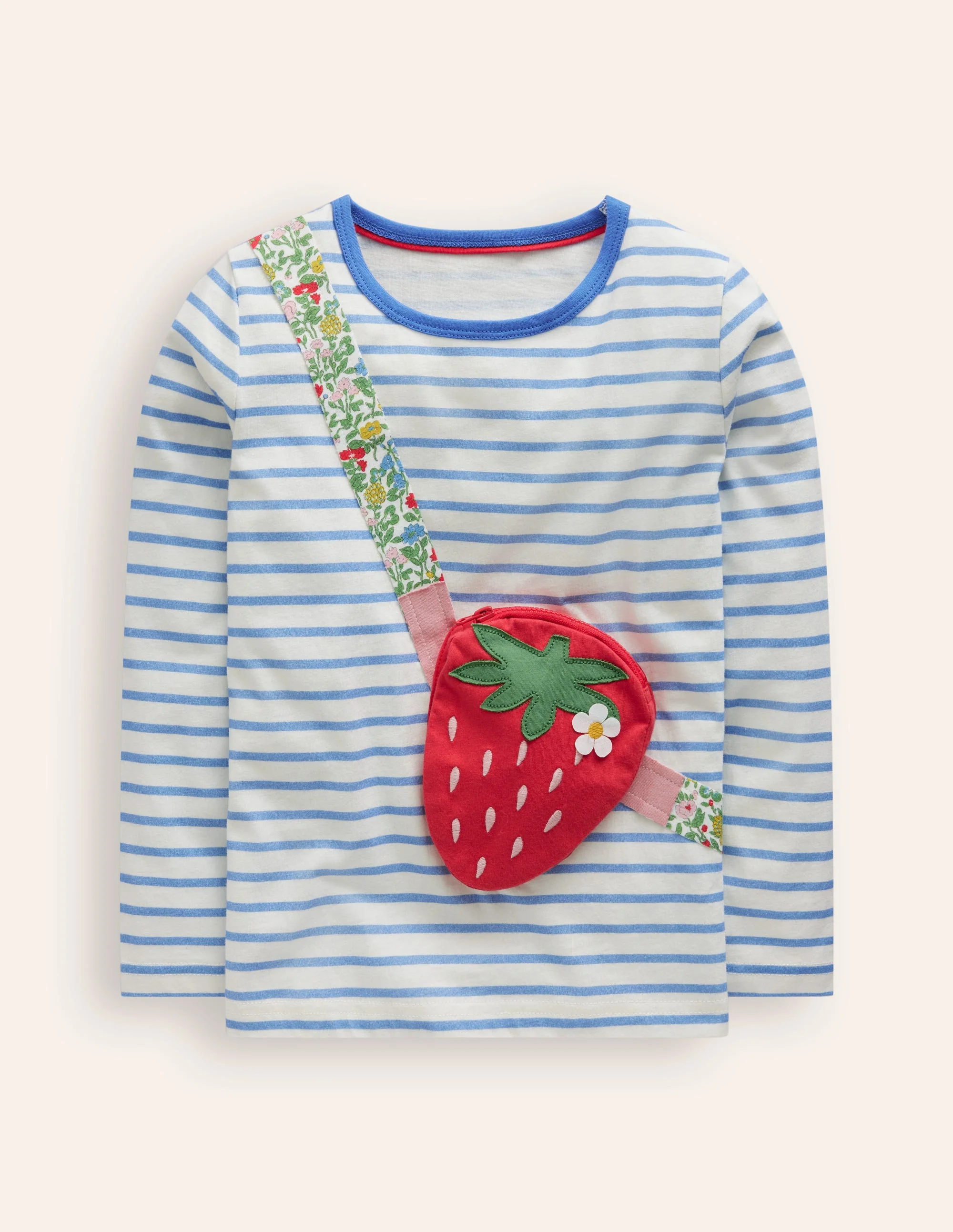 T-Shirt mit applizierter Tasche-Arktisblau/Naturweiß Erdbeere
