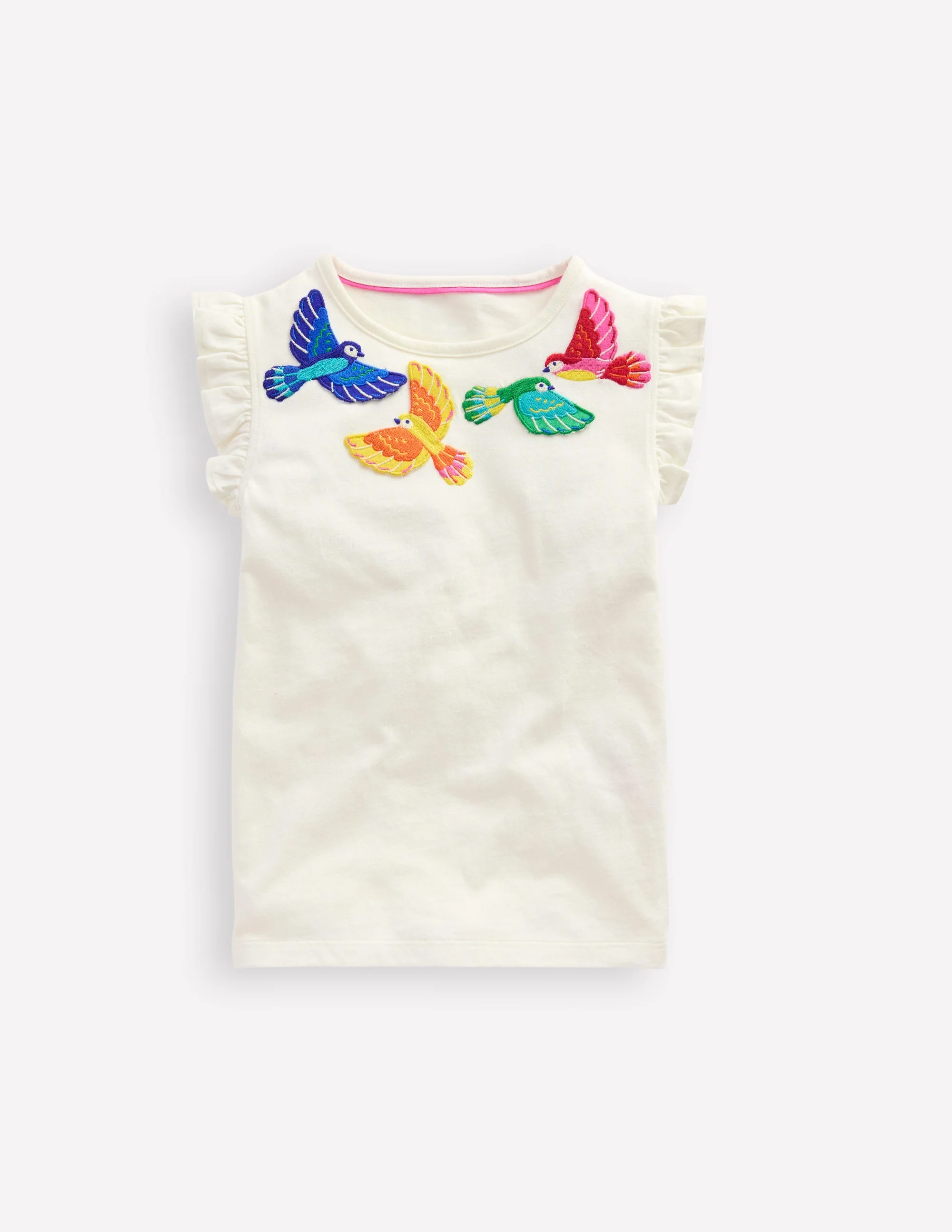 T-Shirt mit Flatterärmeln-Naturweiß mit Vögeln