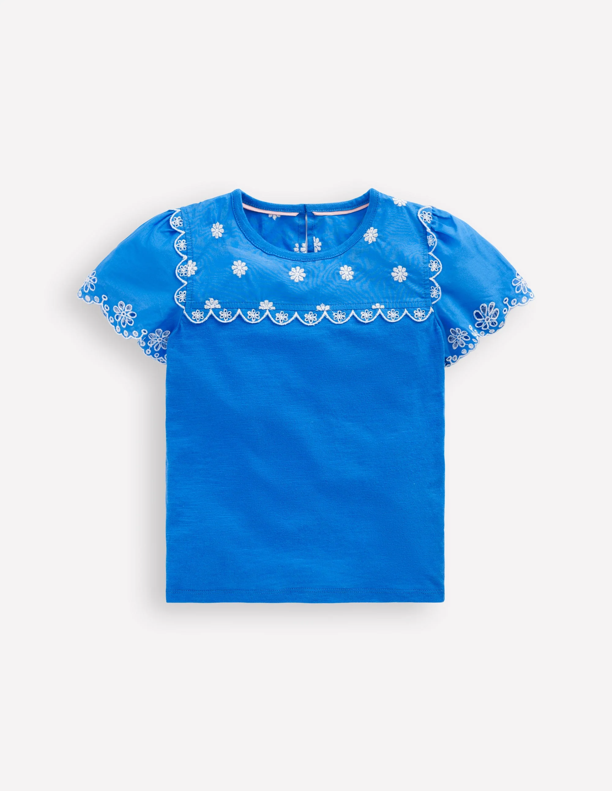 T-Shirt mit Lochstickerei an den Ärmeln-Blau