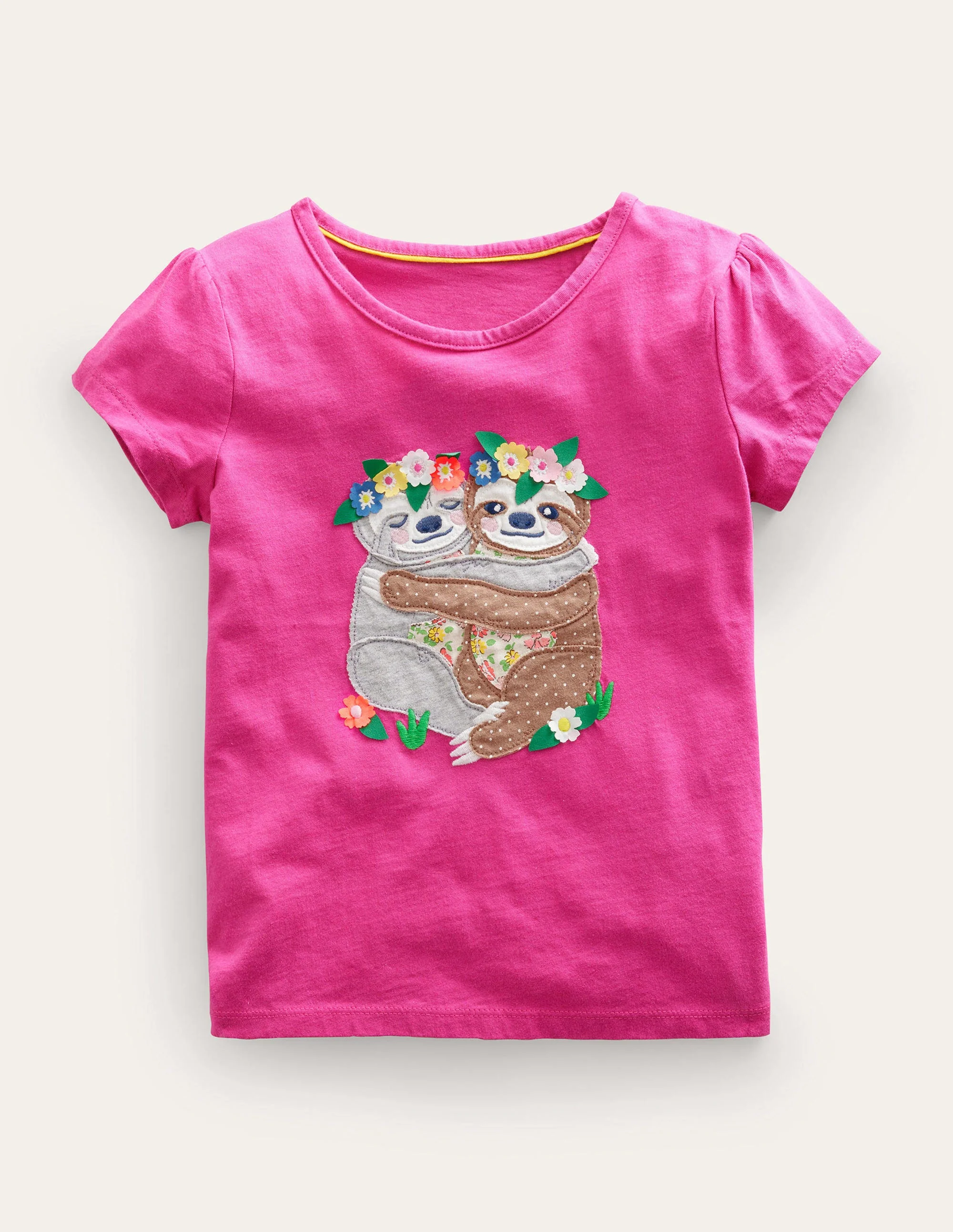 T-Shirt mit Puffärmeln und Applikation-Rosarot, Faultiere
