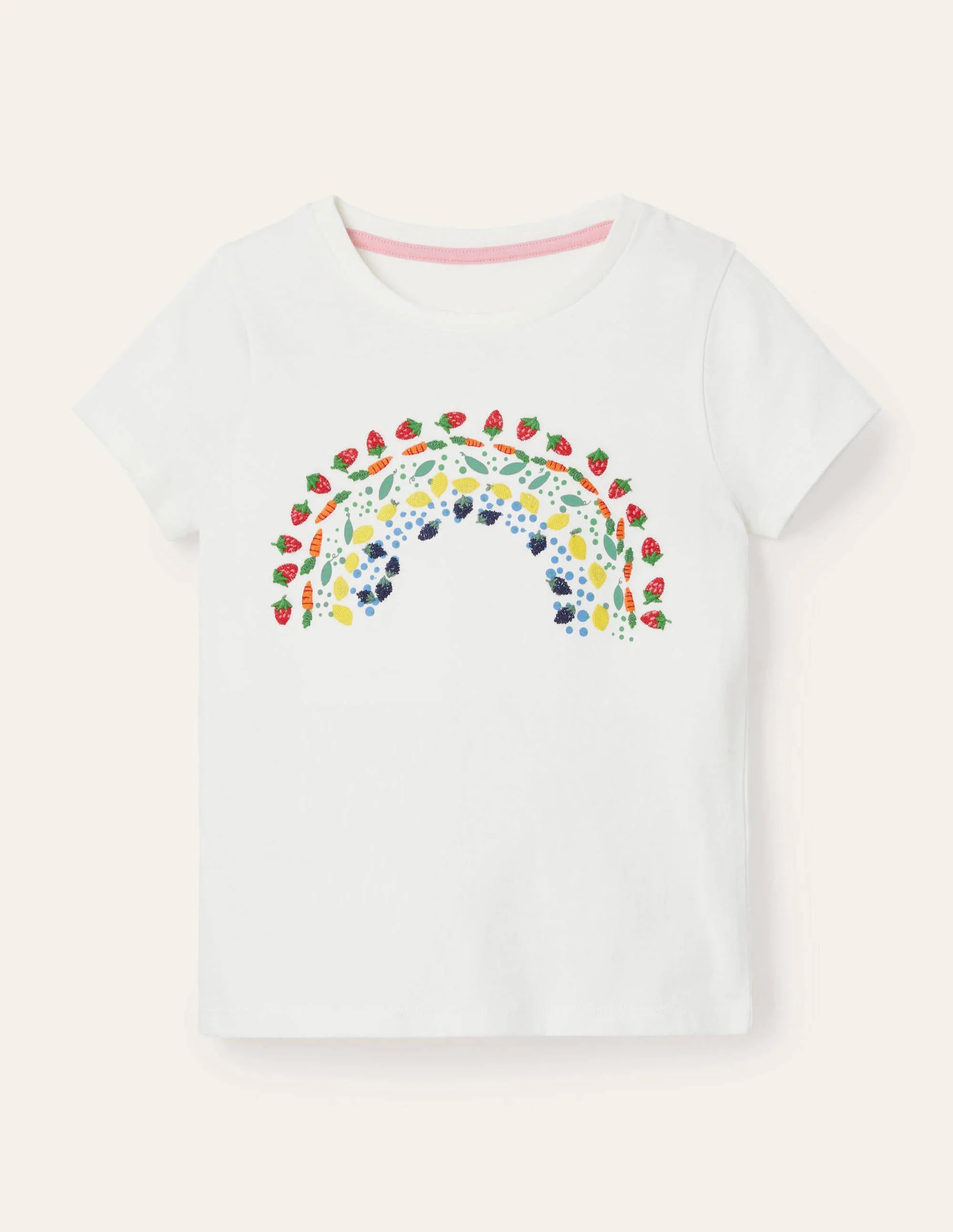 T-Shirt mit Regenbogenstickerei-Naturweiß, Gemüse-Regenbogen