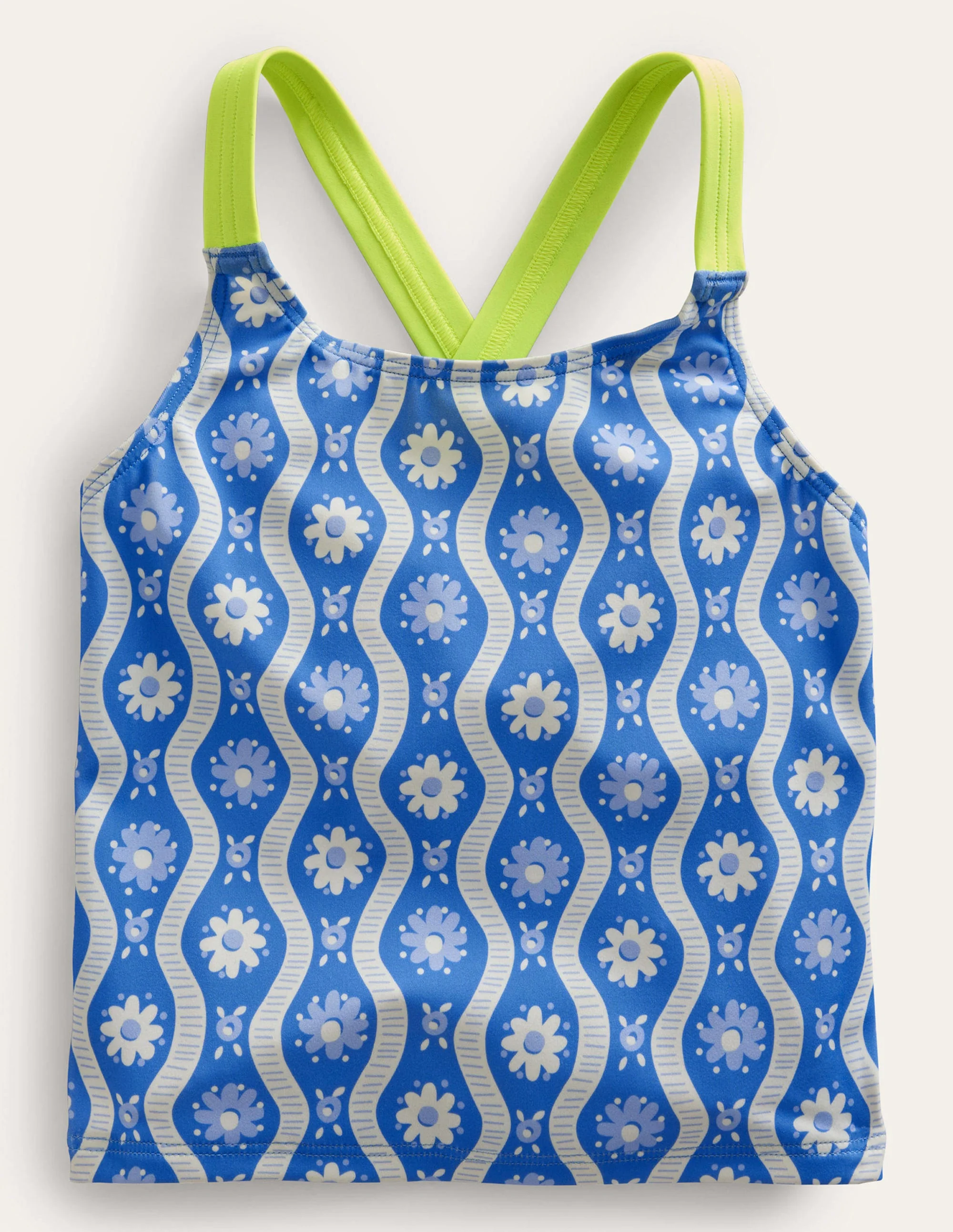 Tankini-Oberteil mit gekreuzten Rückenträgern-Penzance-Blau, Gänseblümchen/Wellen