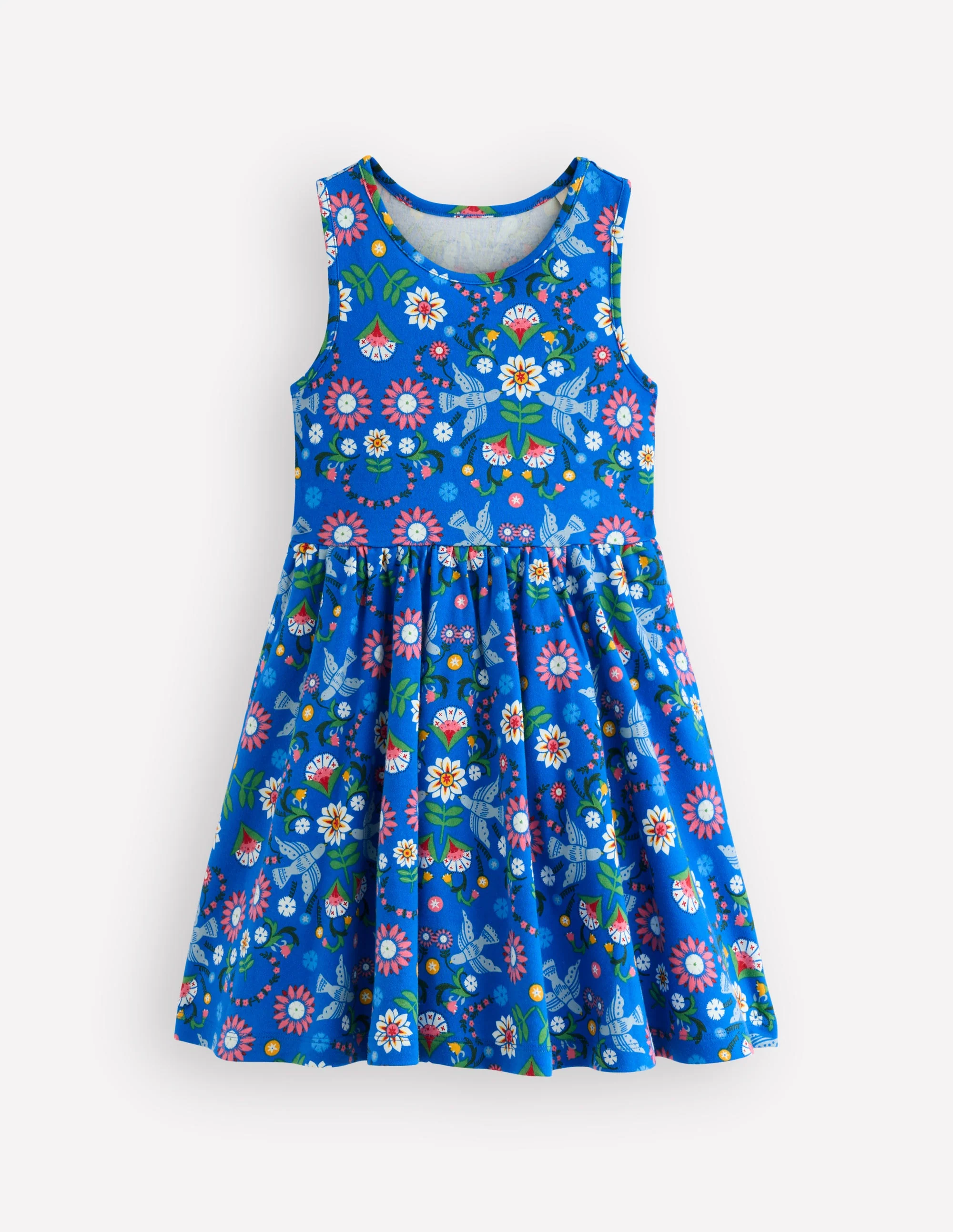 Tellerkleid aus Jersey-Eisvogelblau Vögel Blumenmuster