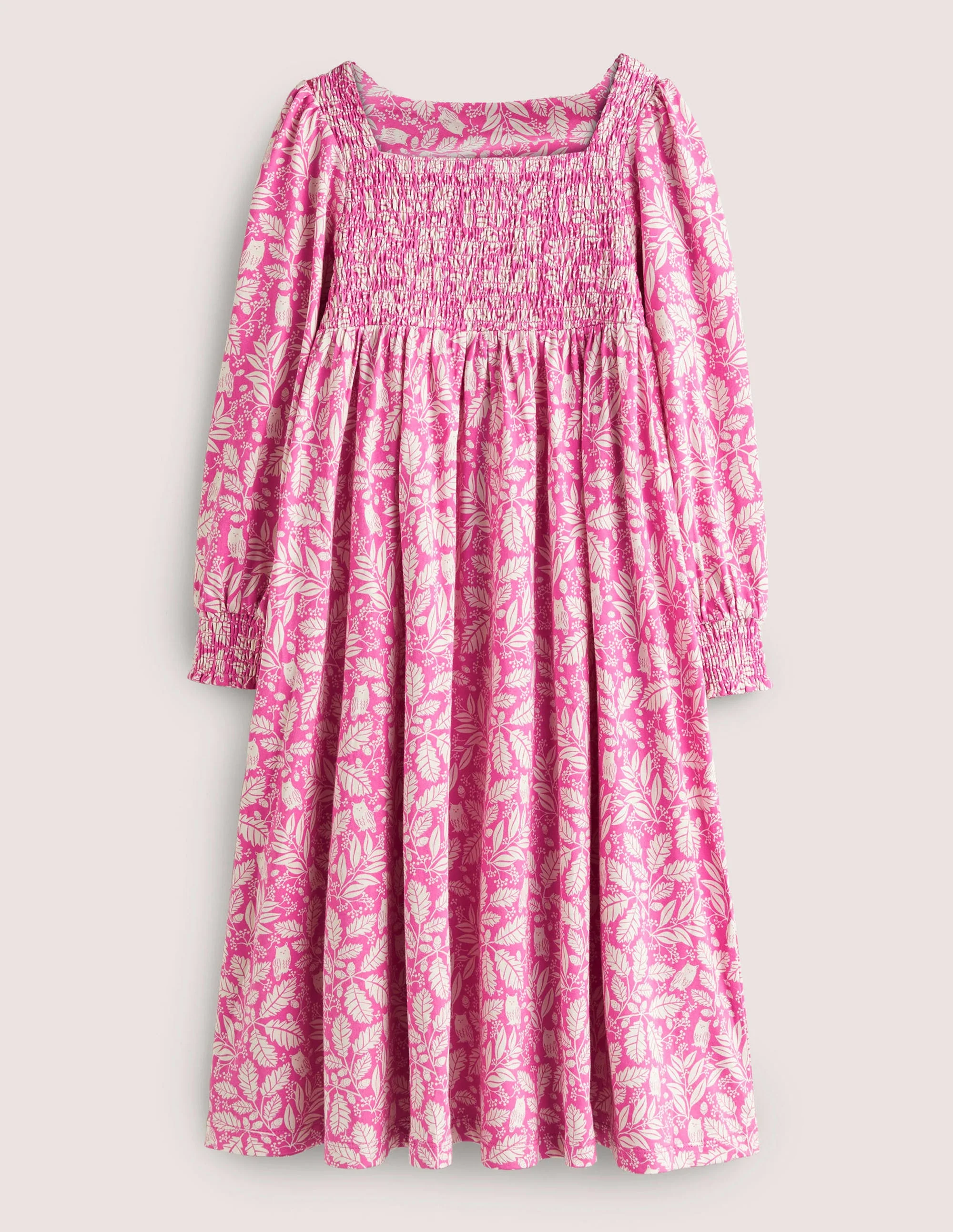 Trapezkleid mit gesmoktem Oberteil-Rosarot, Eule/Toile