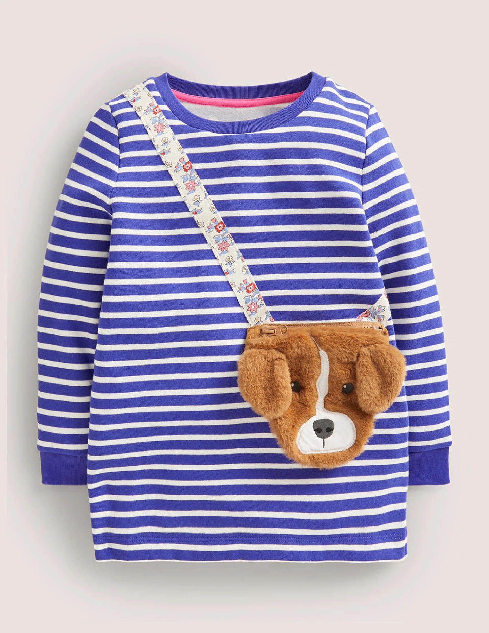 Tunika mit applizierter Tasche-Blau/Naturweiß Hund