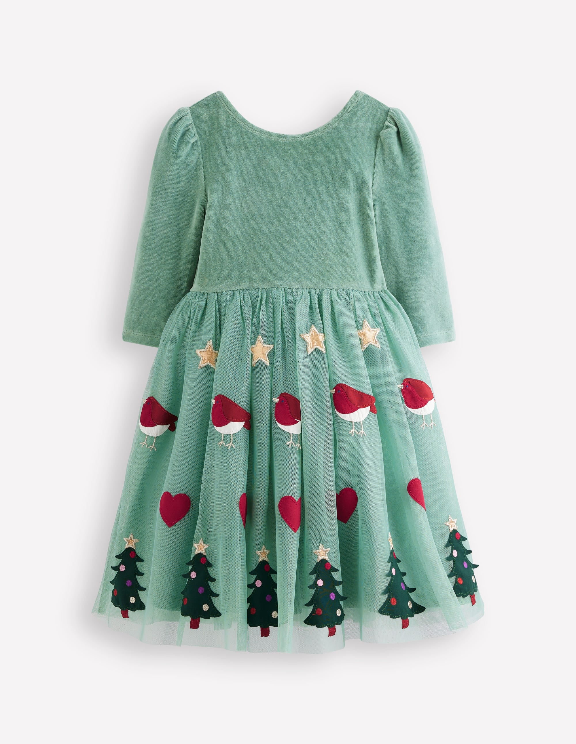Velours-Tüllkleid mit Applikation-Rotkehlchen-Motiv