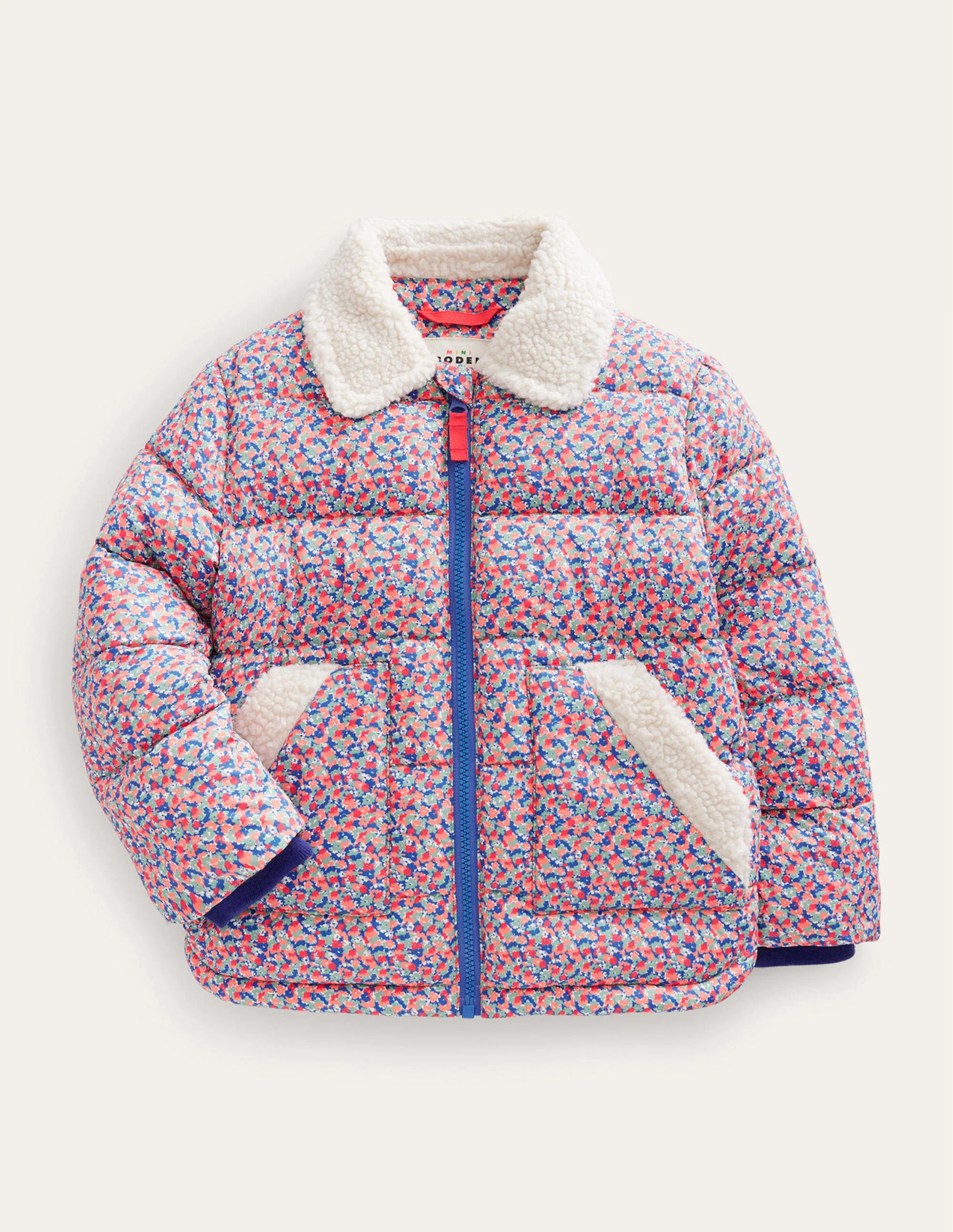 Wattierte Jacke mit Borg-Detail-Marmeladenrot Florales Mikro-Muster