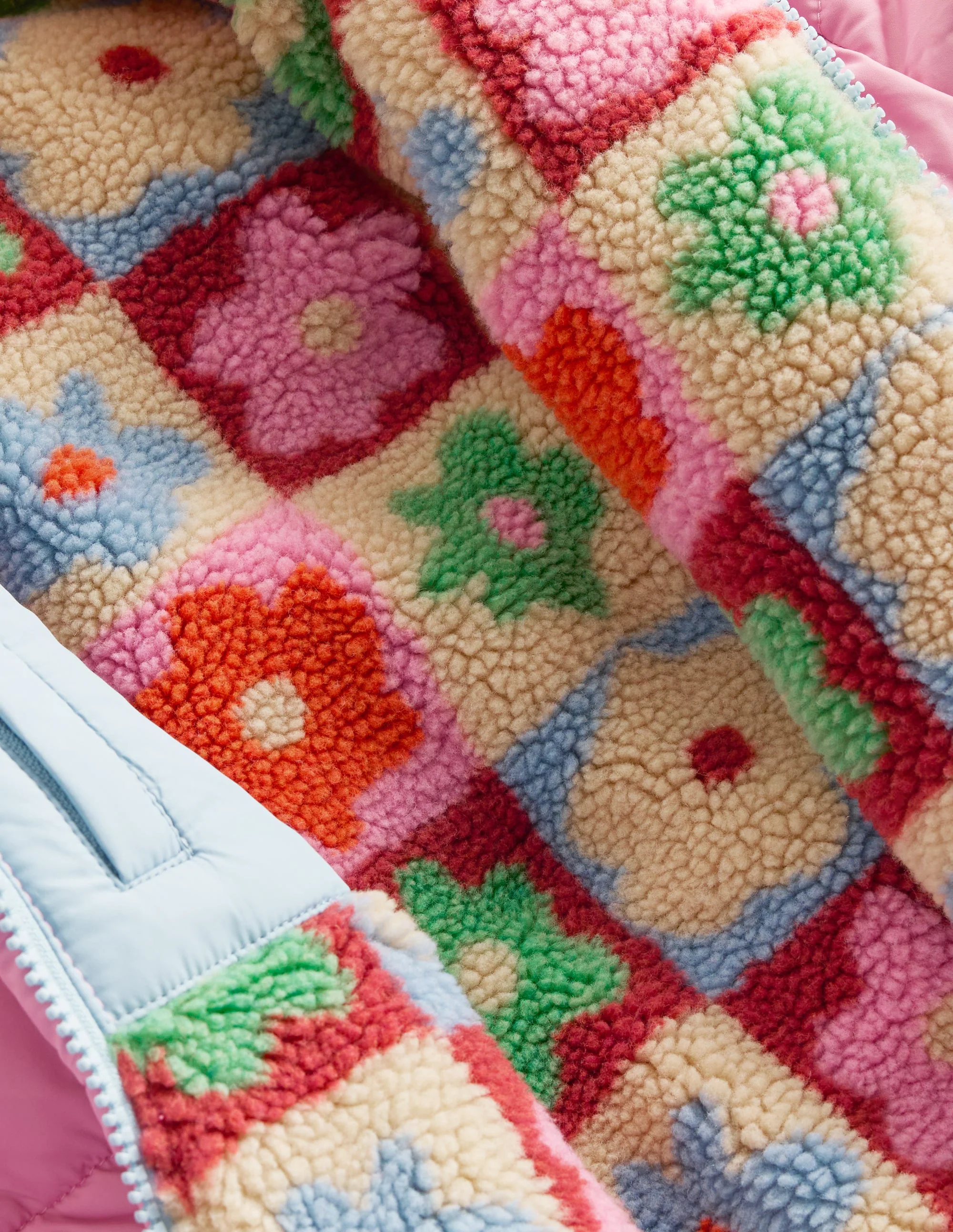 Wattierter Teddyfellmantel zum Wenden-Bunt Blumen Kariert - Image 4