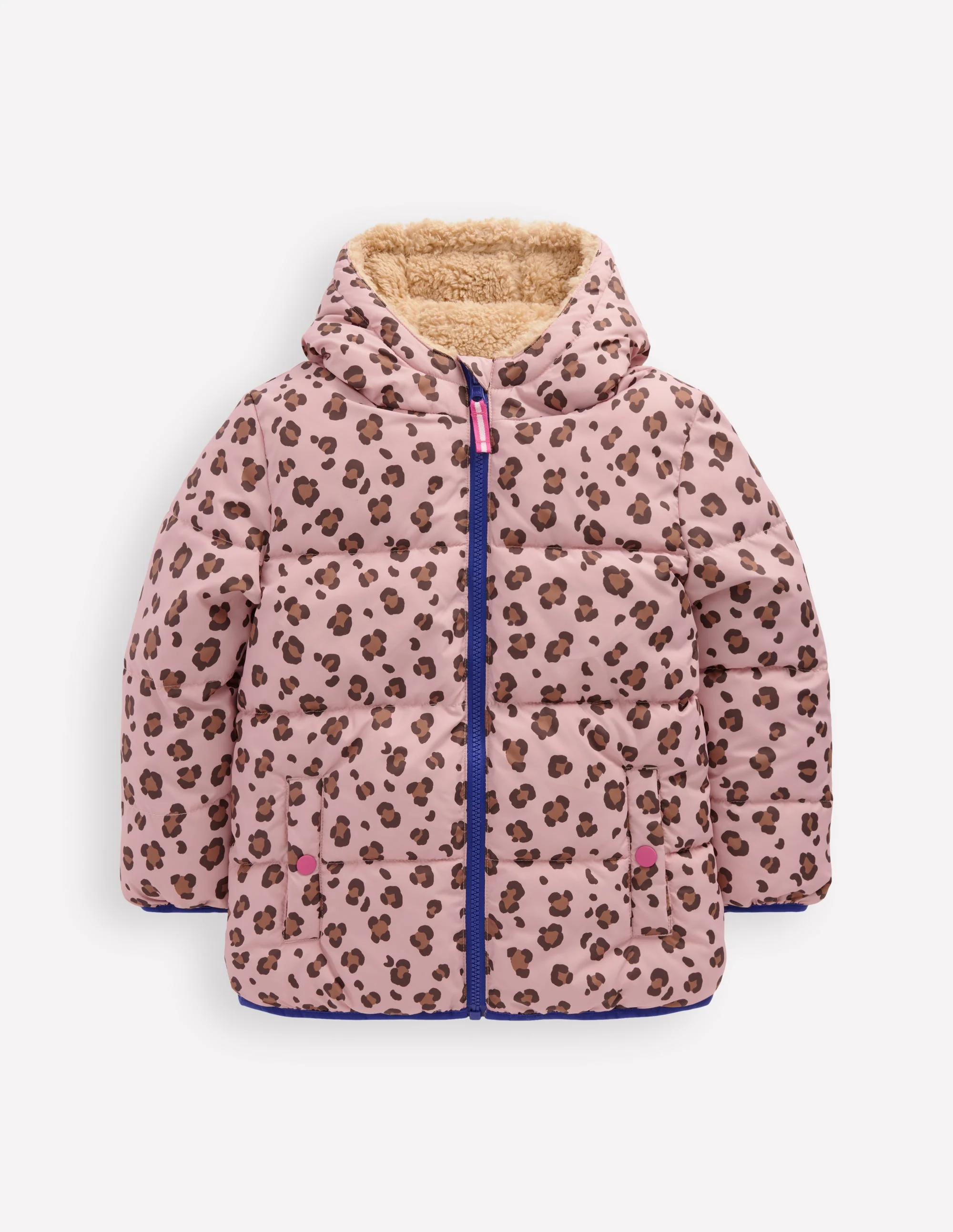 Wattierter Teddyfellmantel zum Wenden-Pink Leopardenmuster