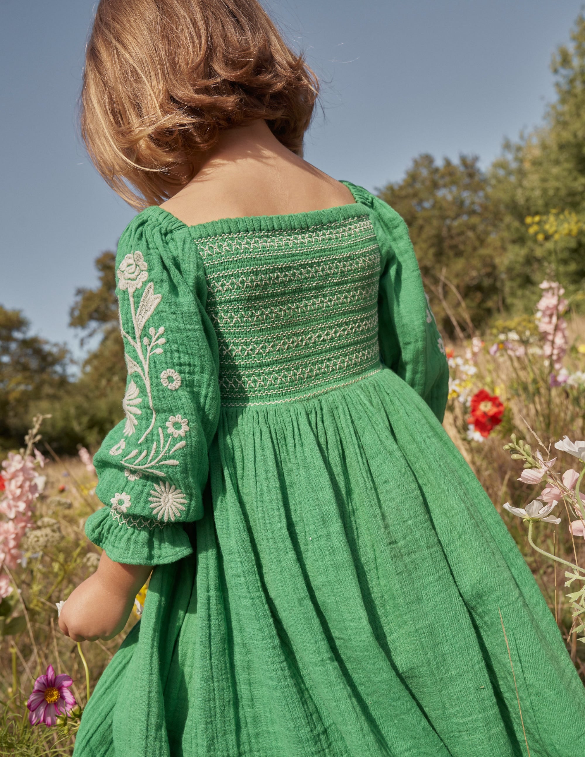 Webkleid mit gesmoktem Oberteil-Schuluniform-Grün Gänseblümchen - Image 6