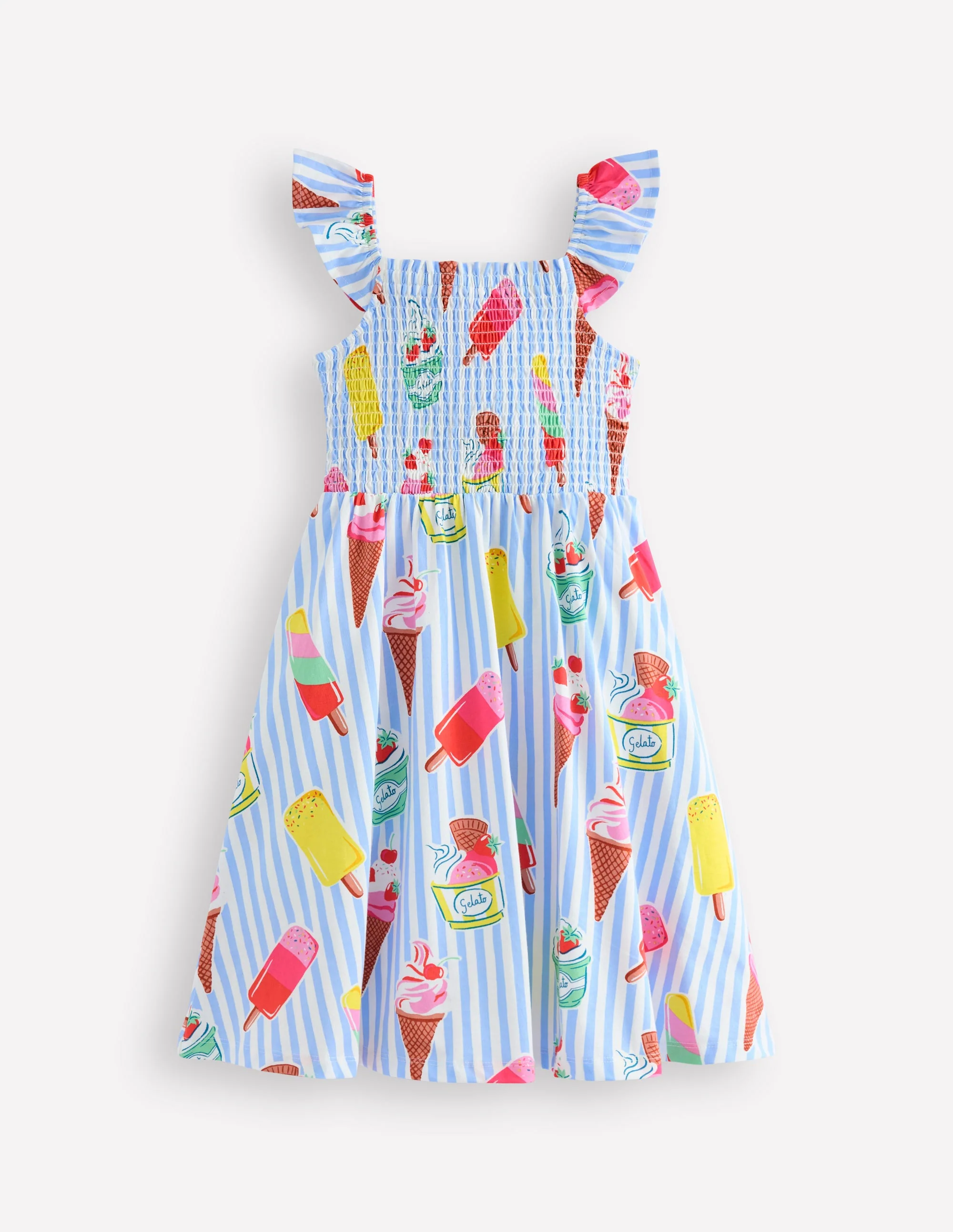 Willa Gerafftes Jerseykleid-Vintage-Blau Eiscreme Streifen