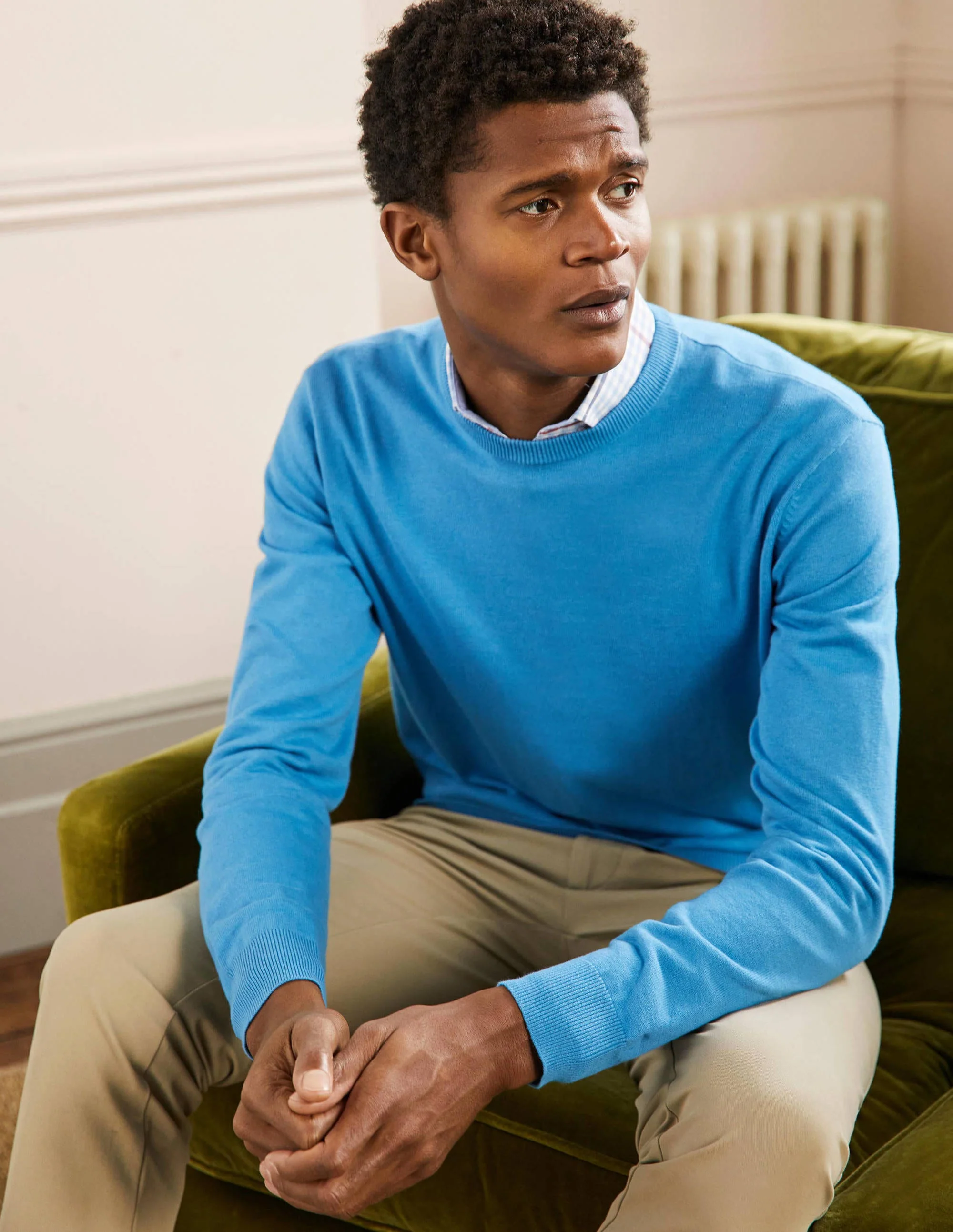 Baumwoll-Kaschmir-Pullover mit Rundhalsausschnitt-Blau Meliert