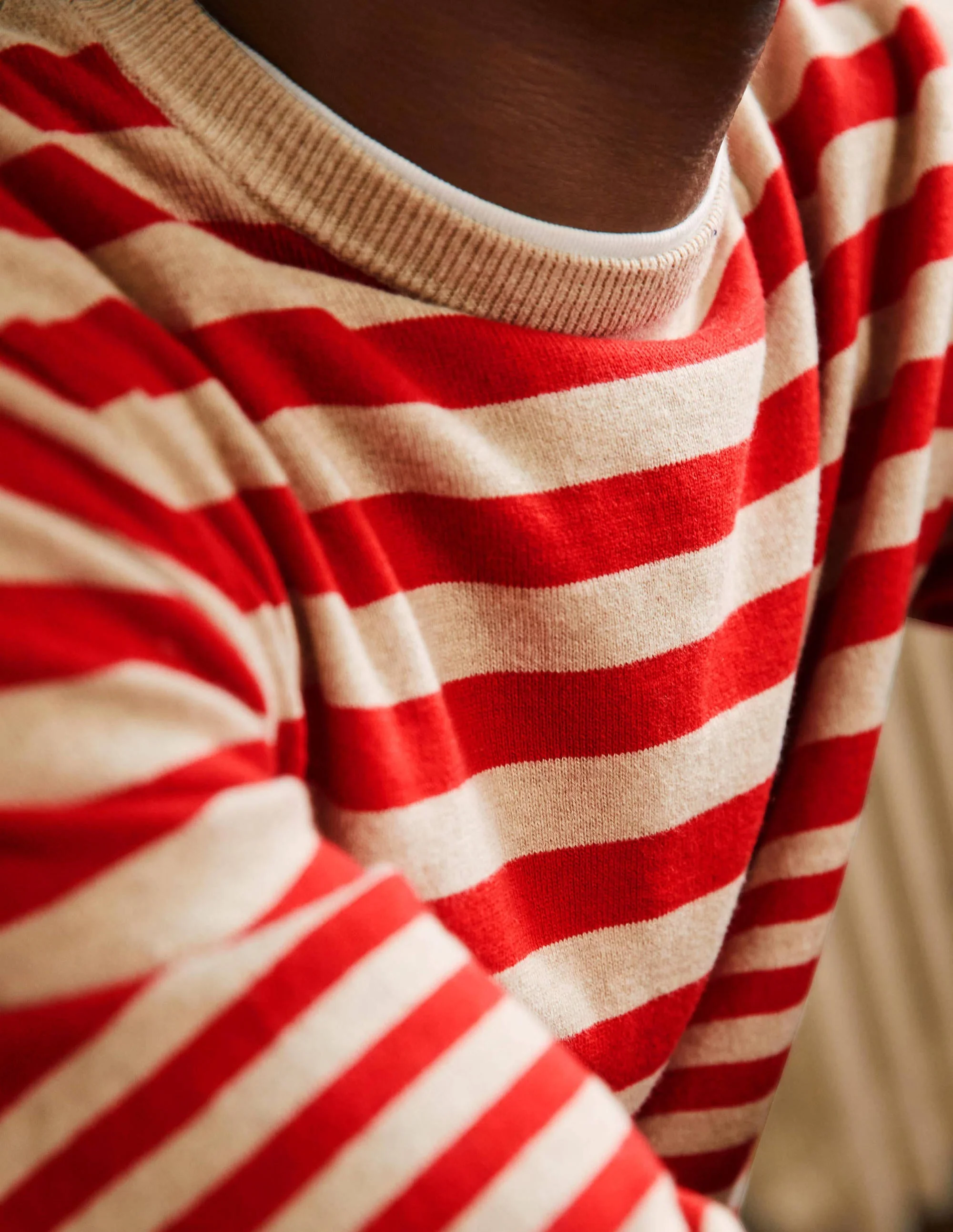 Baumwoll-Kaschmir-Pullover mit Rundhalsausschnitt-Rot/Hellbeige, Gestreift - Image 2