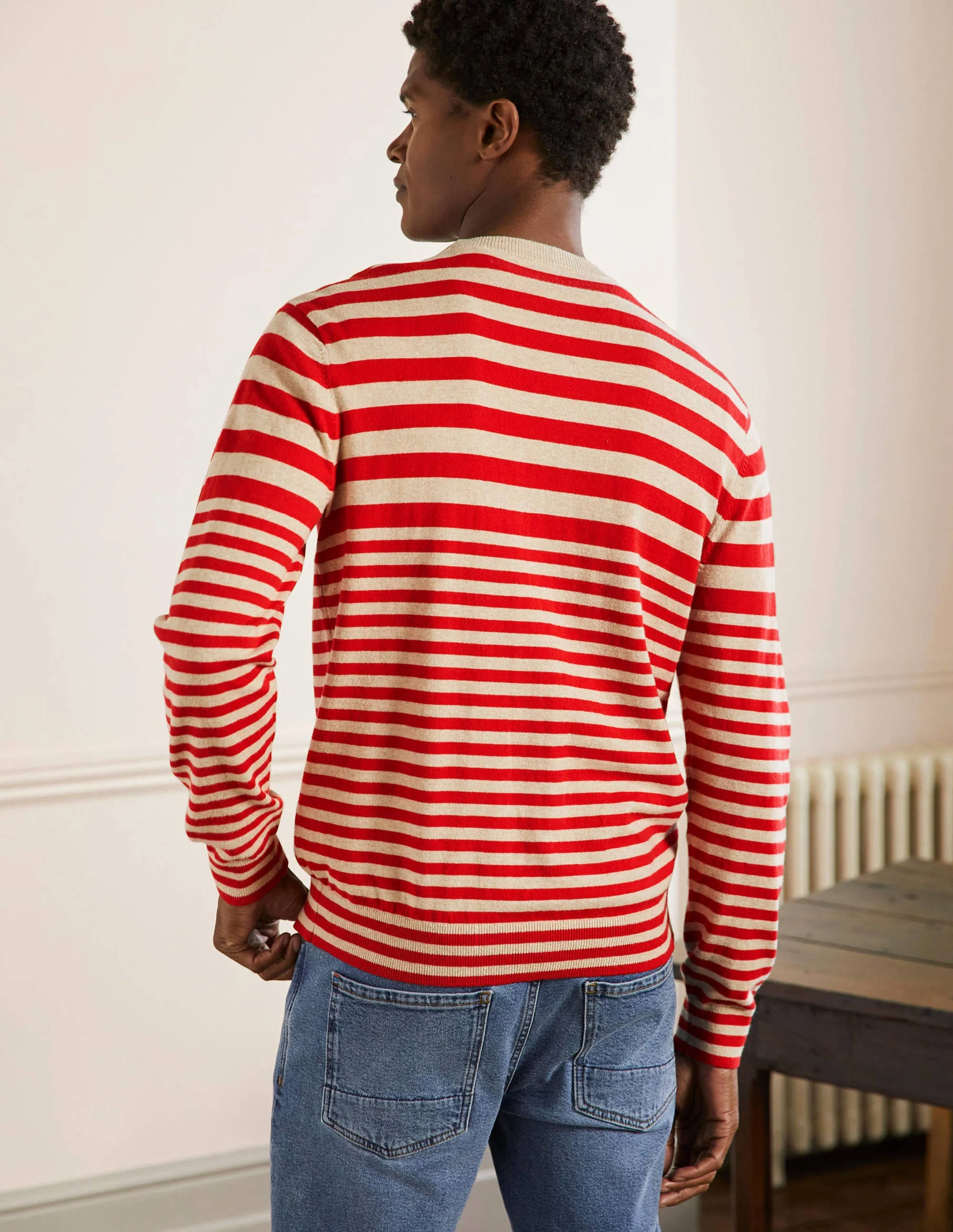 Baumwoll-Kaschmir-Pullover mit Rundhalsausschnitt-Rot/Hellbeige, Gestreift - Image 3