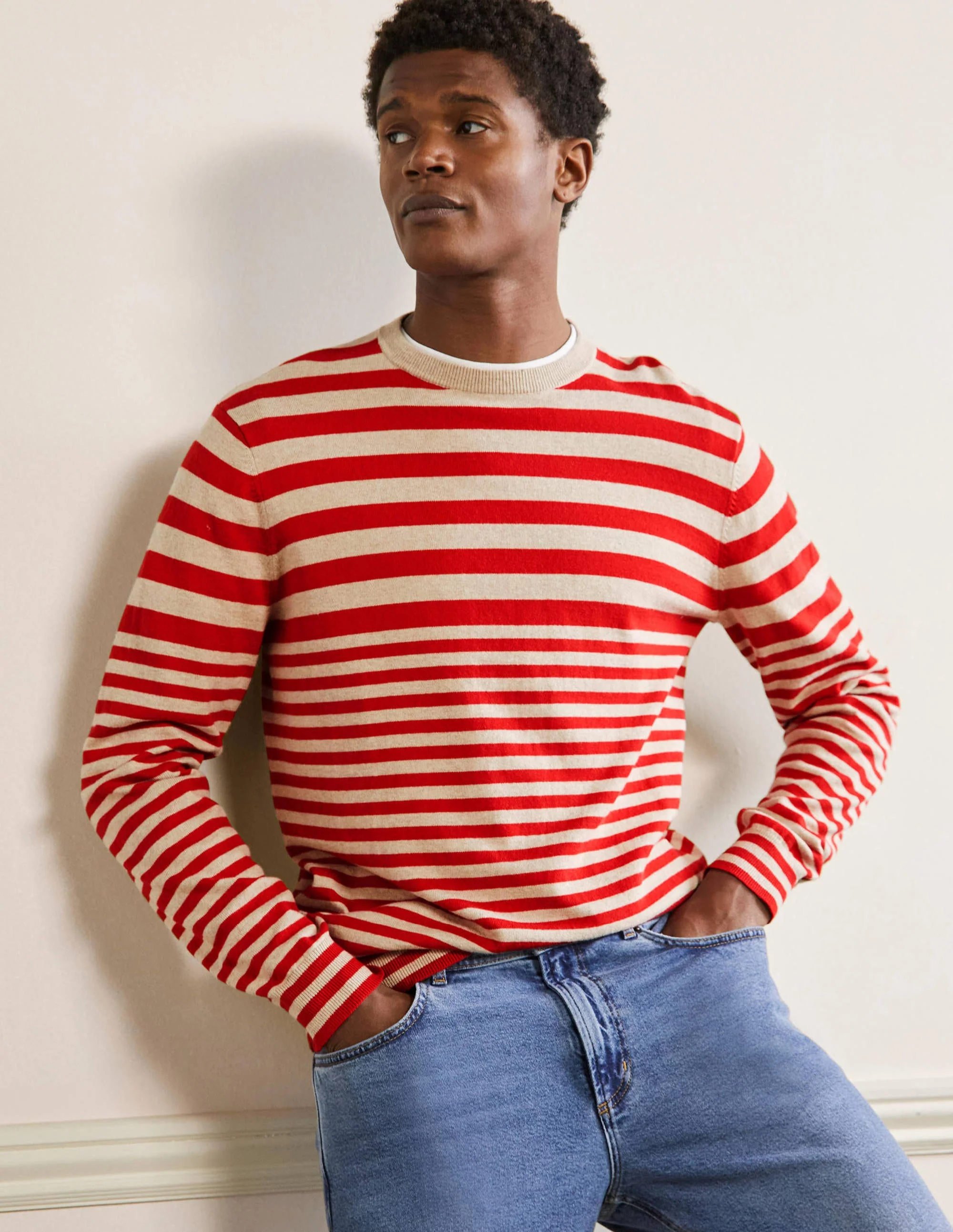 Baumwoll-Kaschmir-Pullover mit Rundhalsausschnitt-Rot/Hellbeige, Gestreift - Image 4