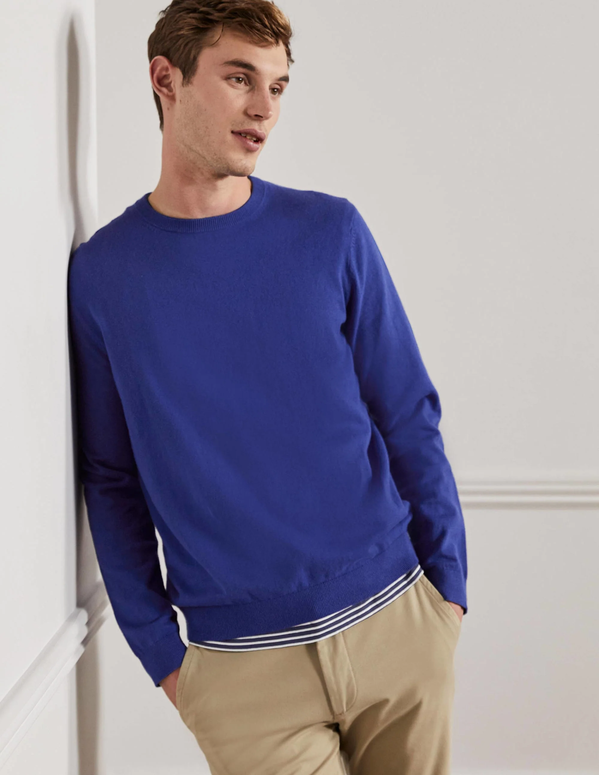 Baumwoll-Kaschmir-Pullover mit Rundhalsausschnitt-Sattes Blau
