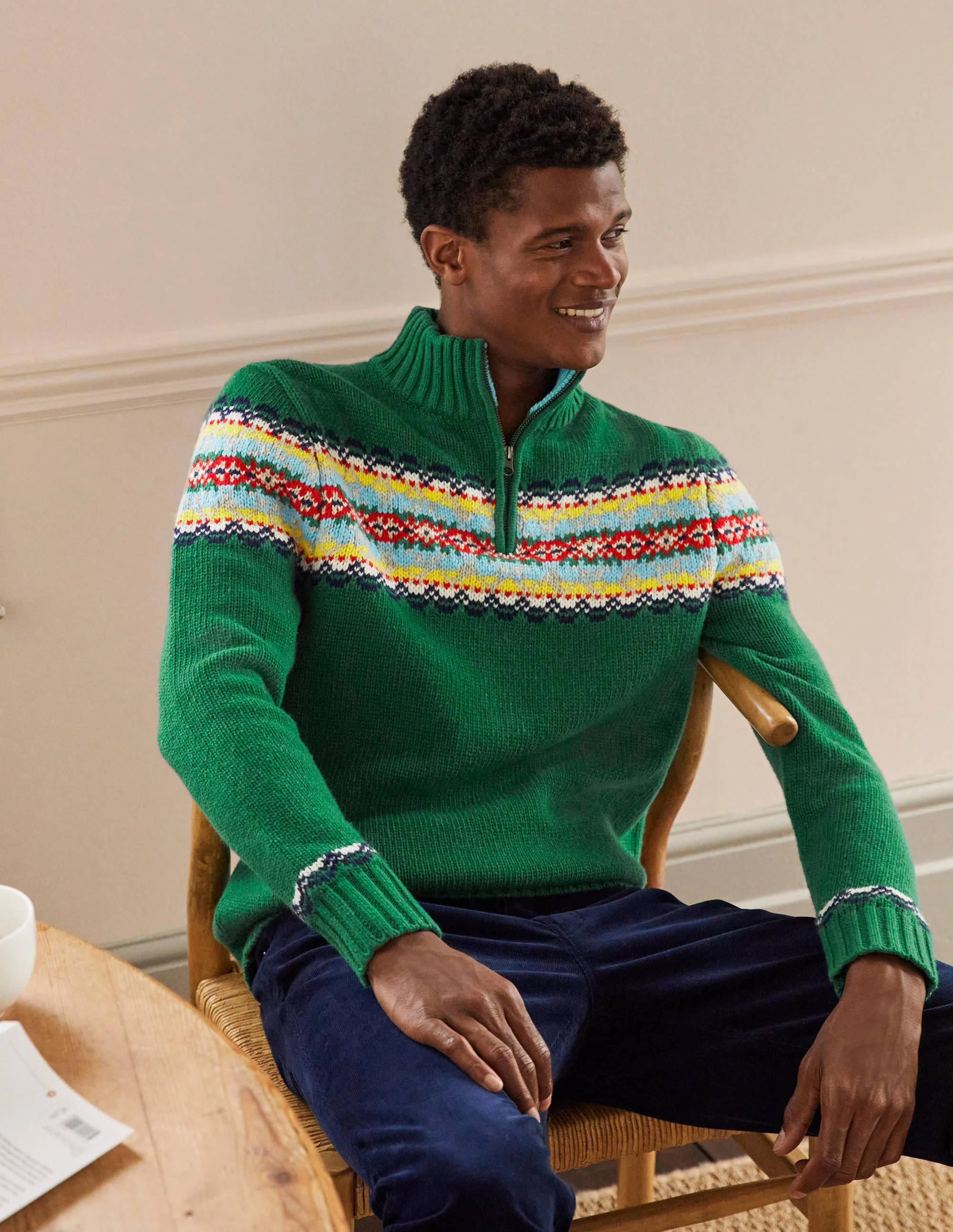 Fair-Isle-Pullover mit halbem Reißverschluss-Billardtuchgrün, Fair-Isle-Muster