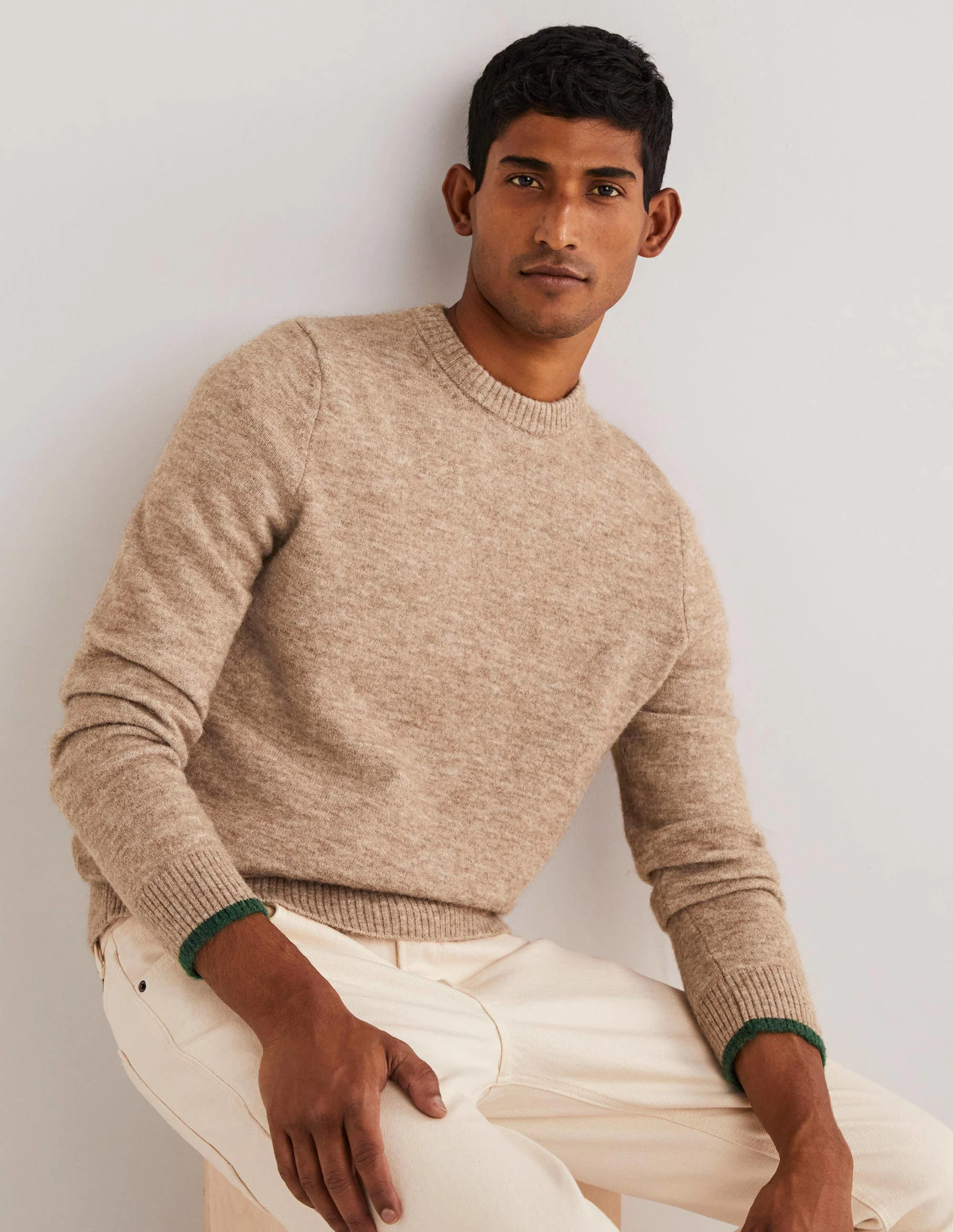 Flauschiger Pullover mit Rundhalsausschnitt-Kamelbraun Melange