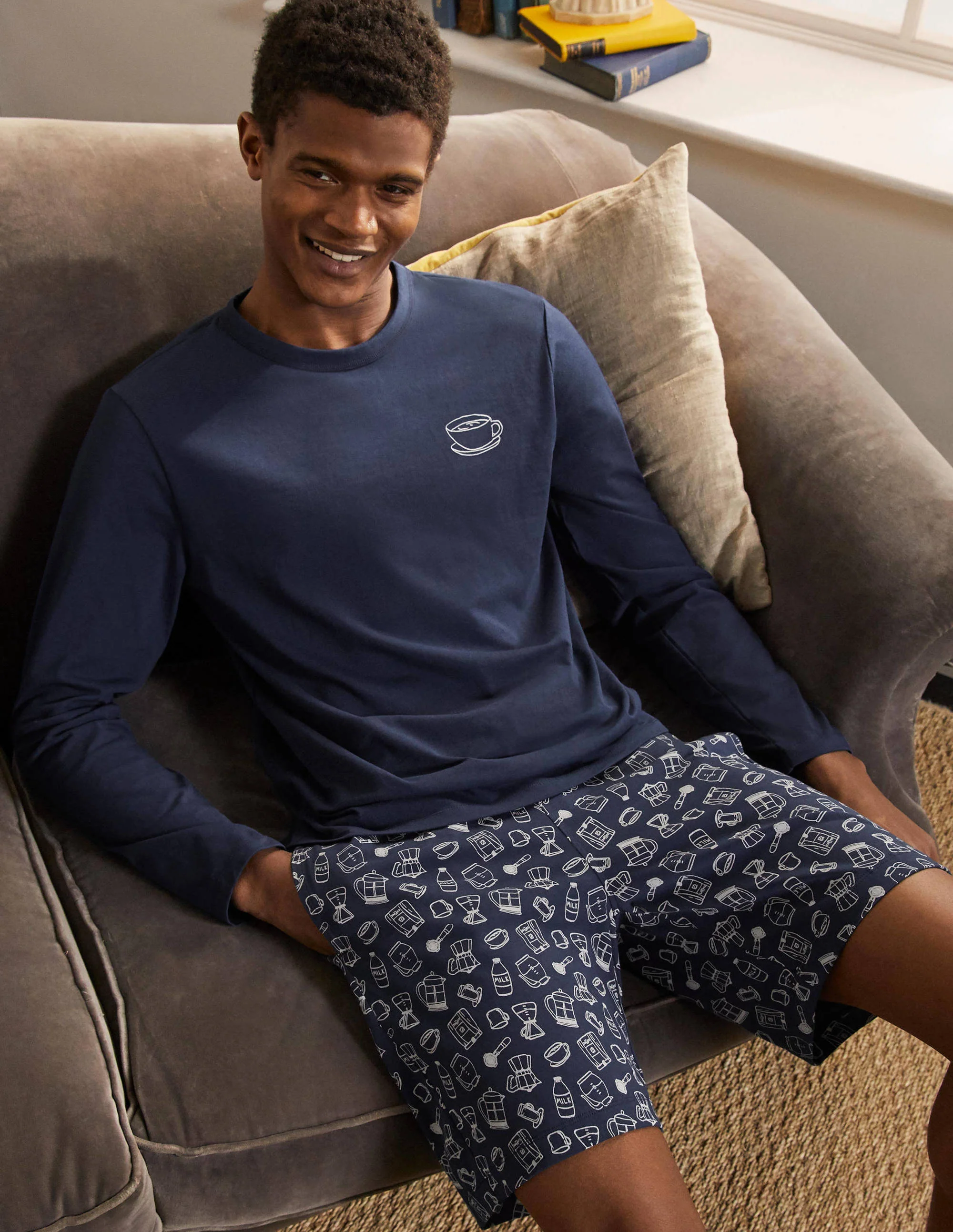 Jersey Pyjama Short Set-Marineblau, Kaffeemuster - Image 2
