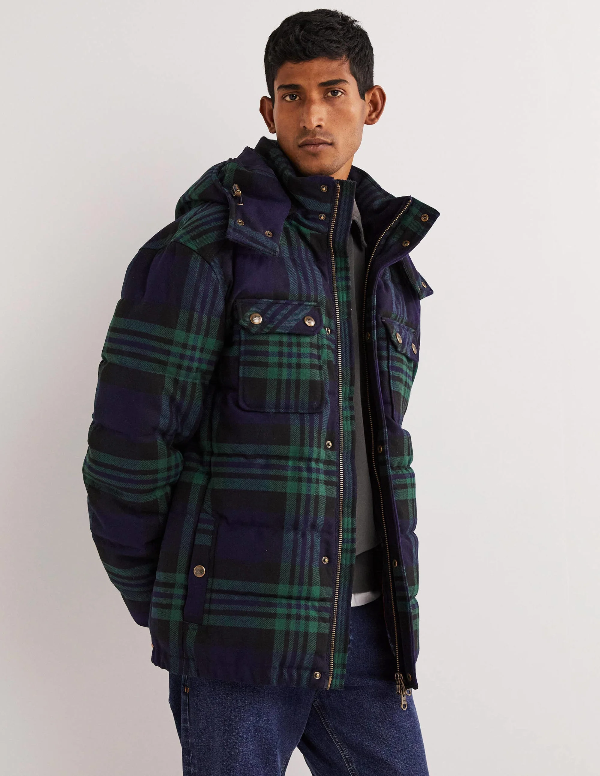 Karierte Steppjacke-Schuluniform-Navy/Grün, Kariert