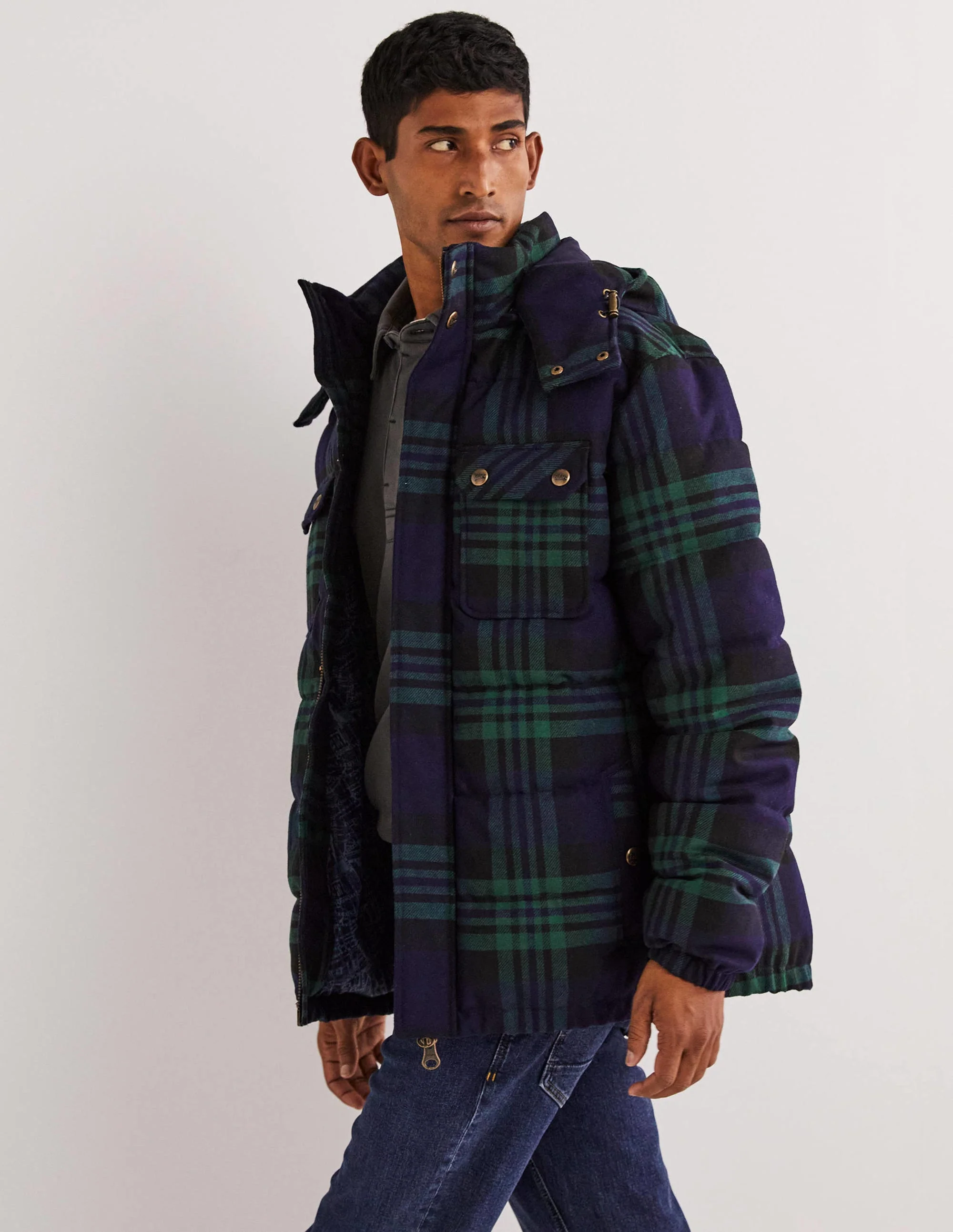 Karierte Steppjacke-Schuluniform-Navy/Grün, Kariert - Image 5