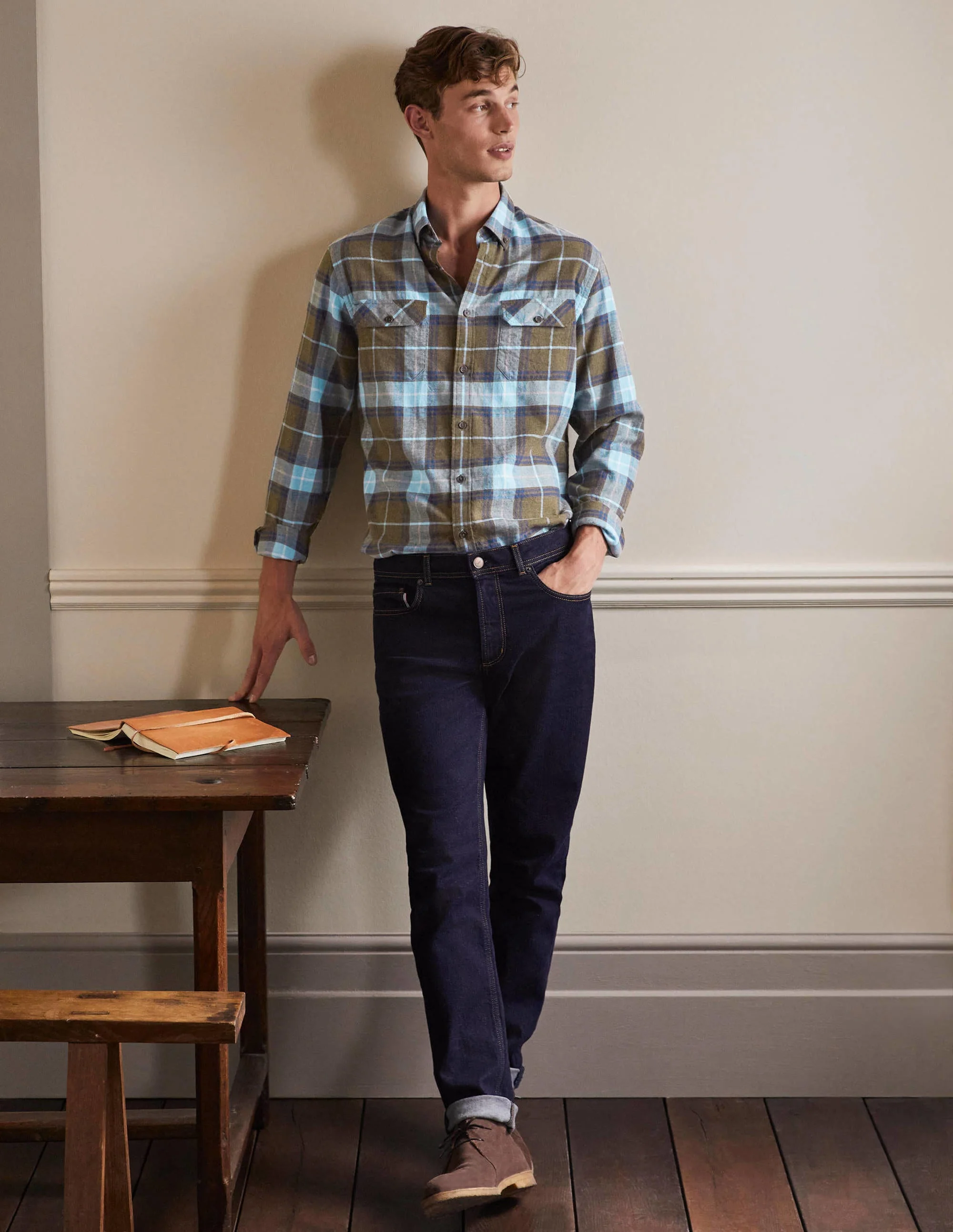 Kariertes Flanellhemd aus Wolle-Khaki/Himmelblau, Kariert - Image 5