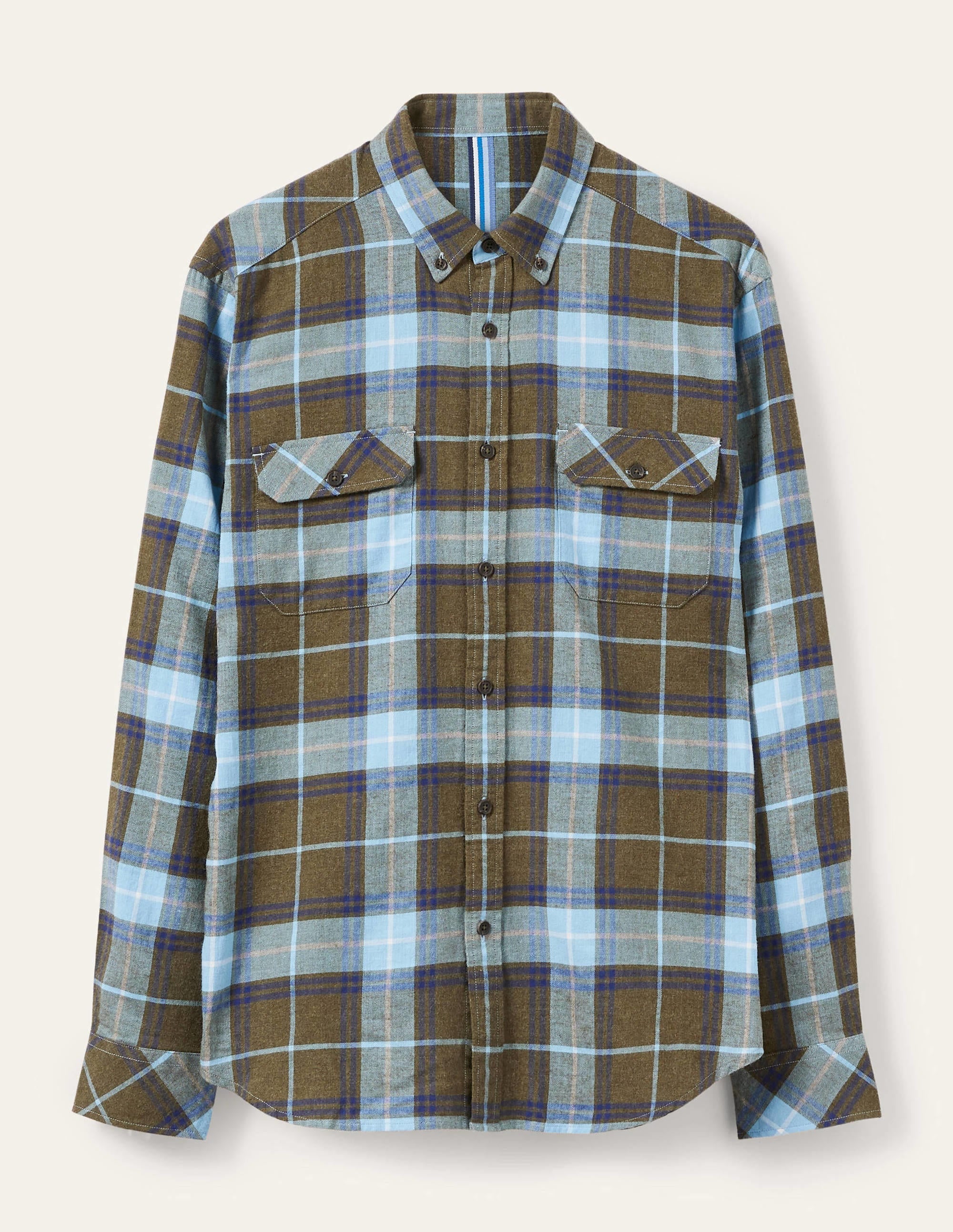 Kariertes Flanellhemd aus Wolle-Khaki/Himmelblau, Kariert - Image 6