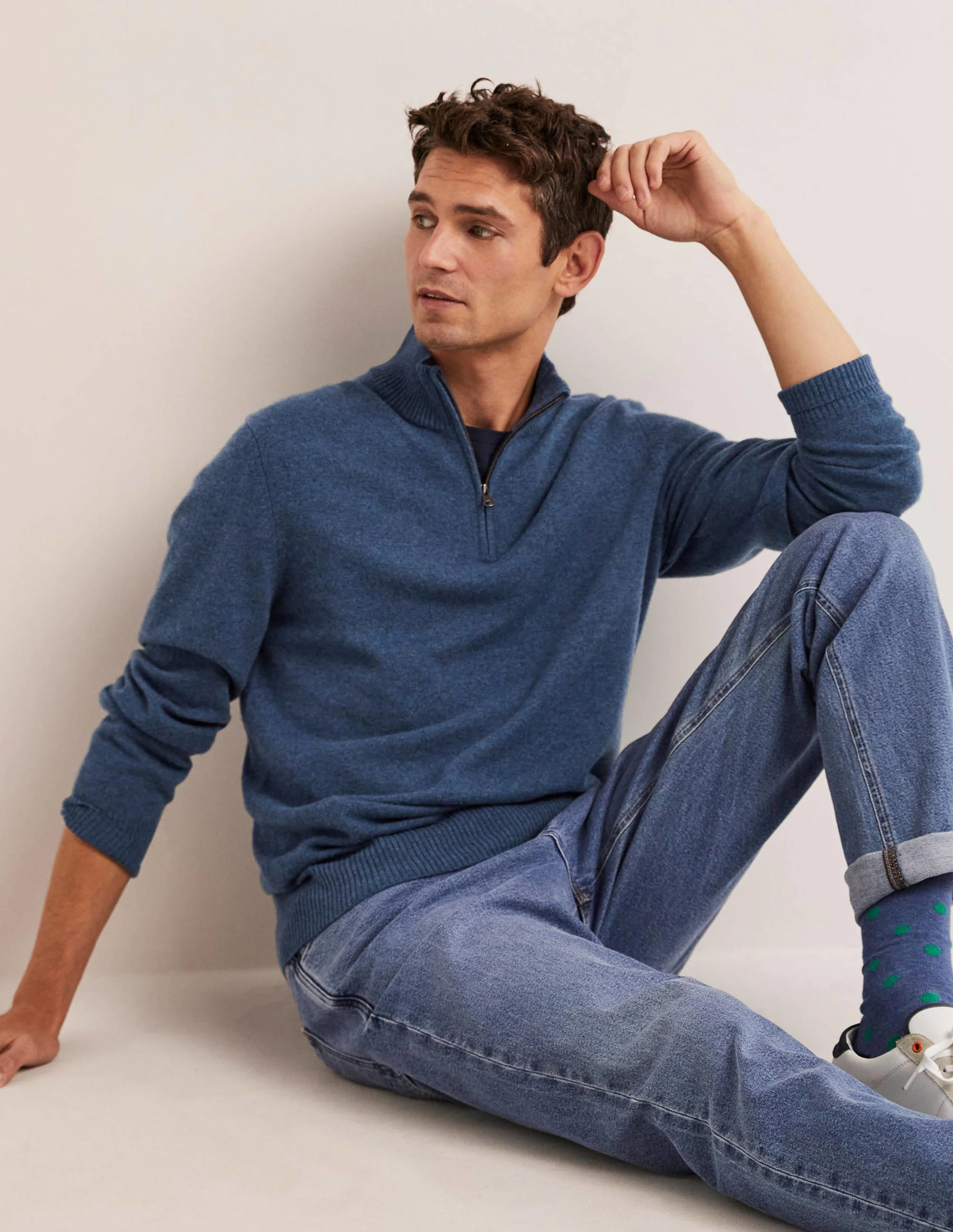 Kaschmirpullover mit halbem Reißverschluss-Blau