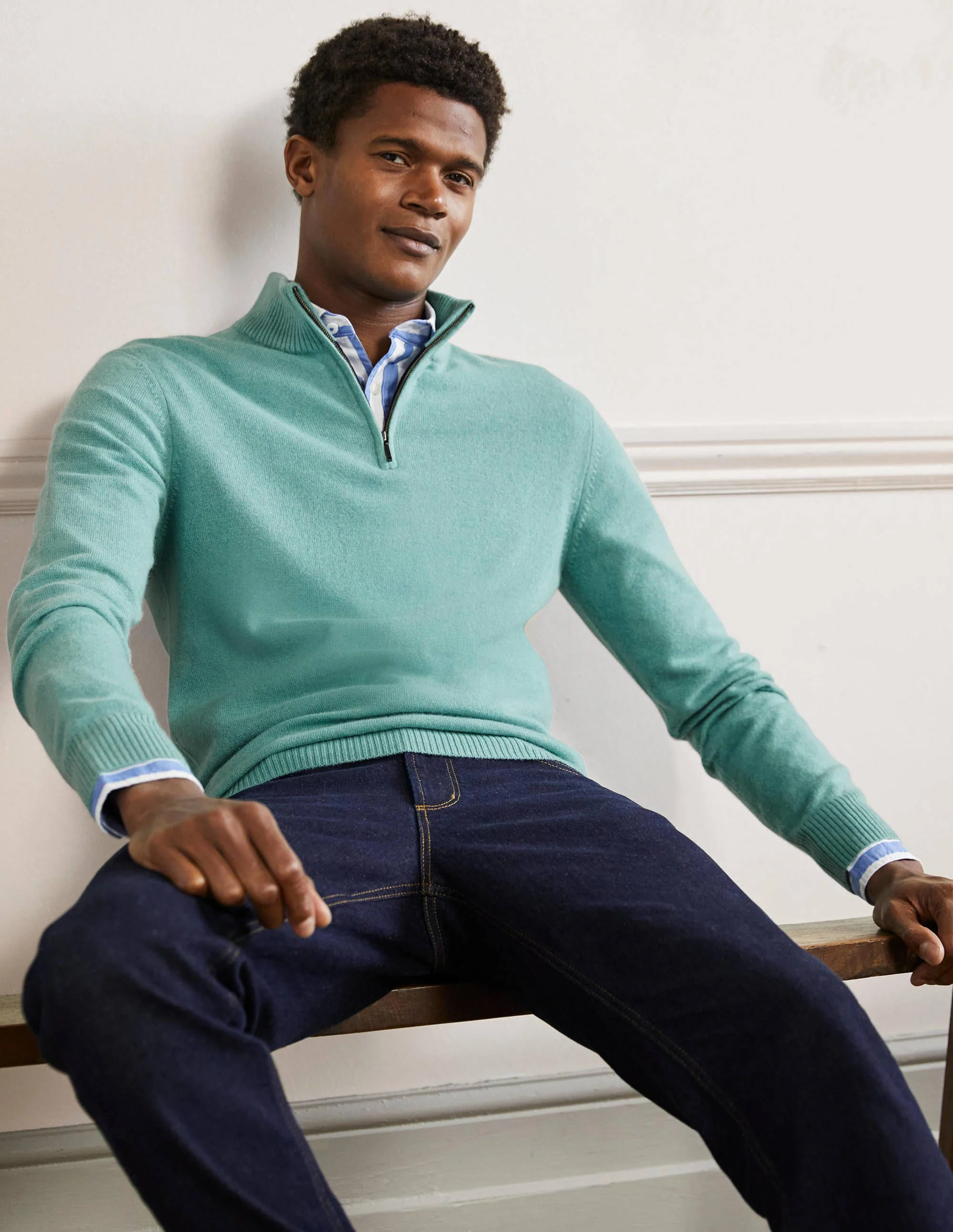 Kaschmirpullover mit halbem Reißverschluss-Bretagne-Blau