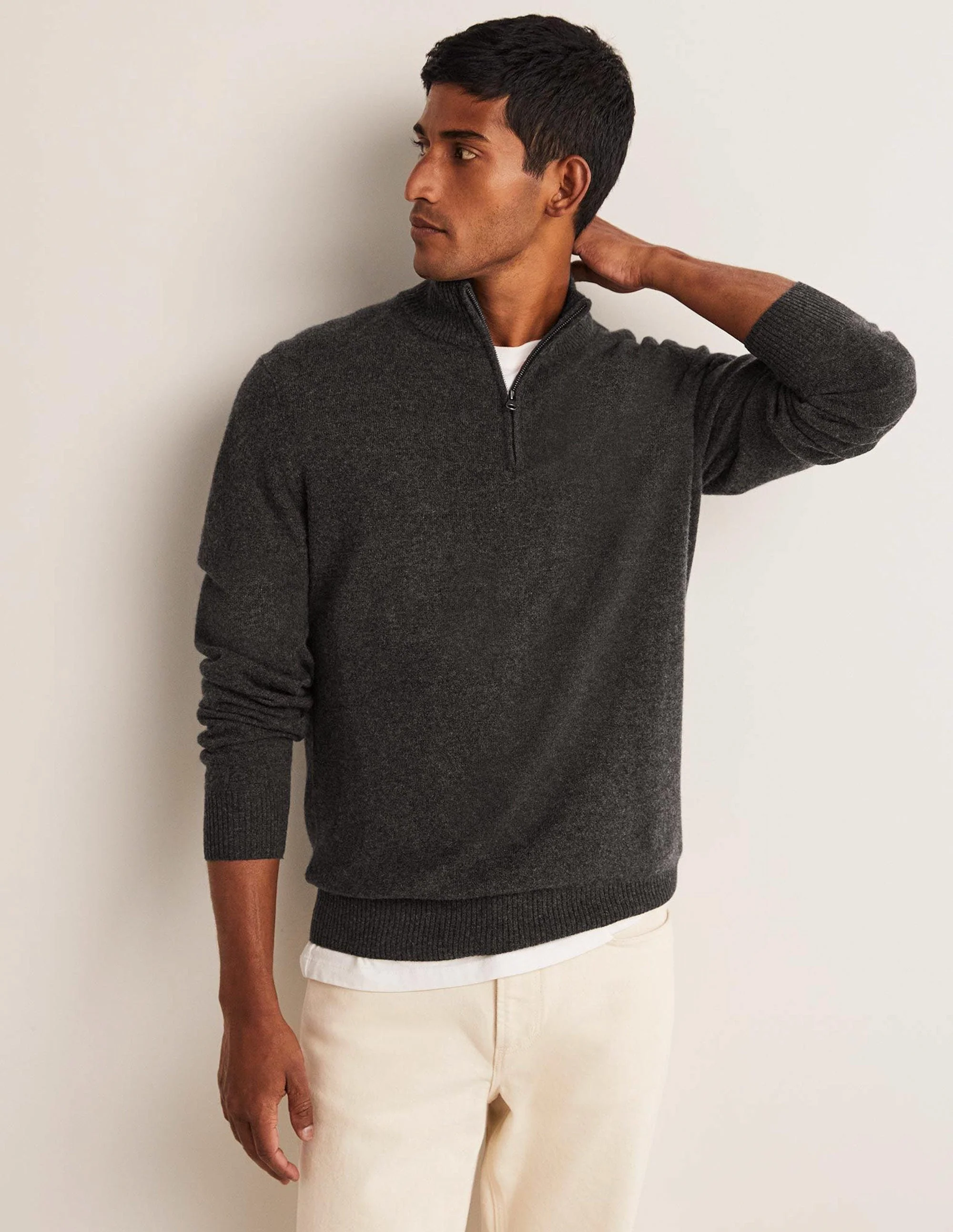 Kaschmirpullover mit halbem Reißverschluss-Dunkelgrau Melange - Image 5