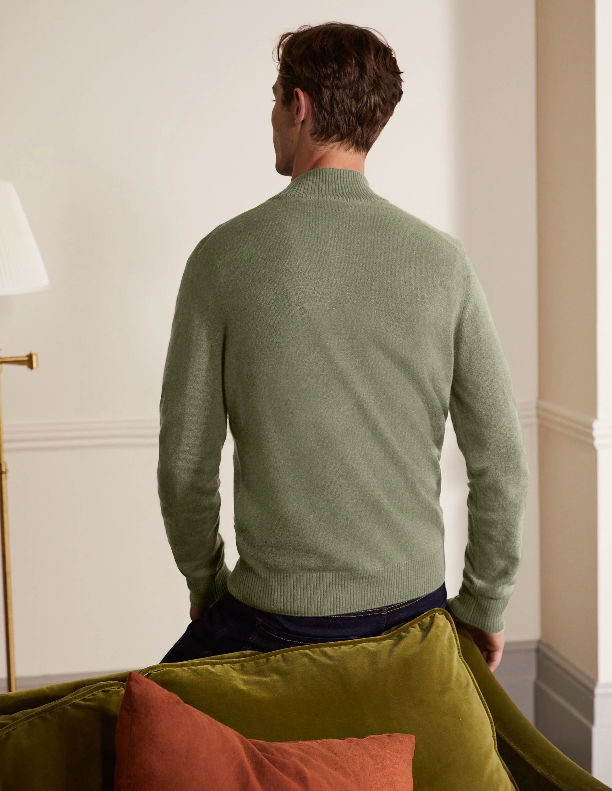 Kaschmirpullover mit halbem Reißverschluss-Dunkles Salbeigrün, Melange - Image 3