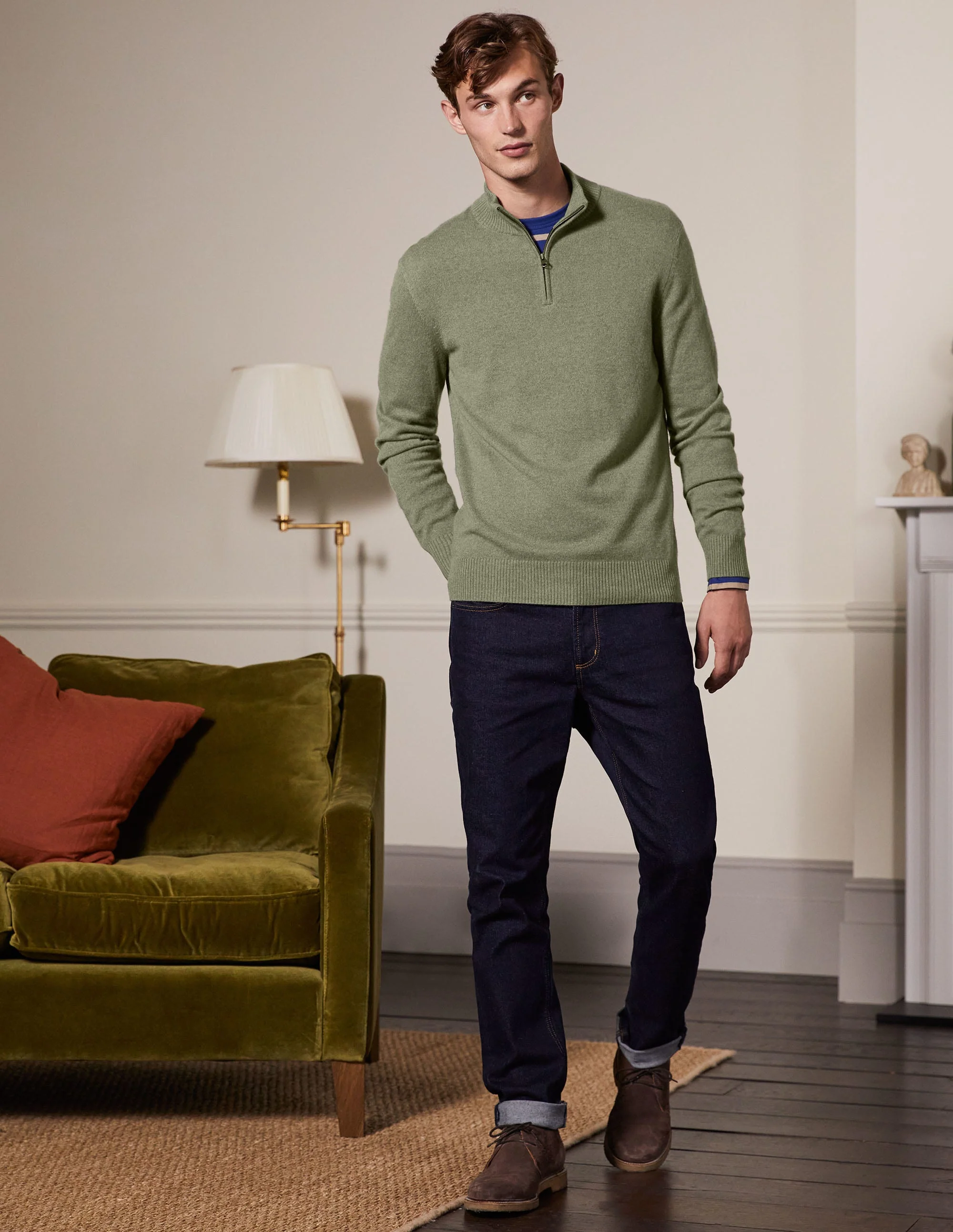 Kaschmirpullover mit halbem Reißverschluss-Dunkles Salbeigrün, Melange - Image 4