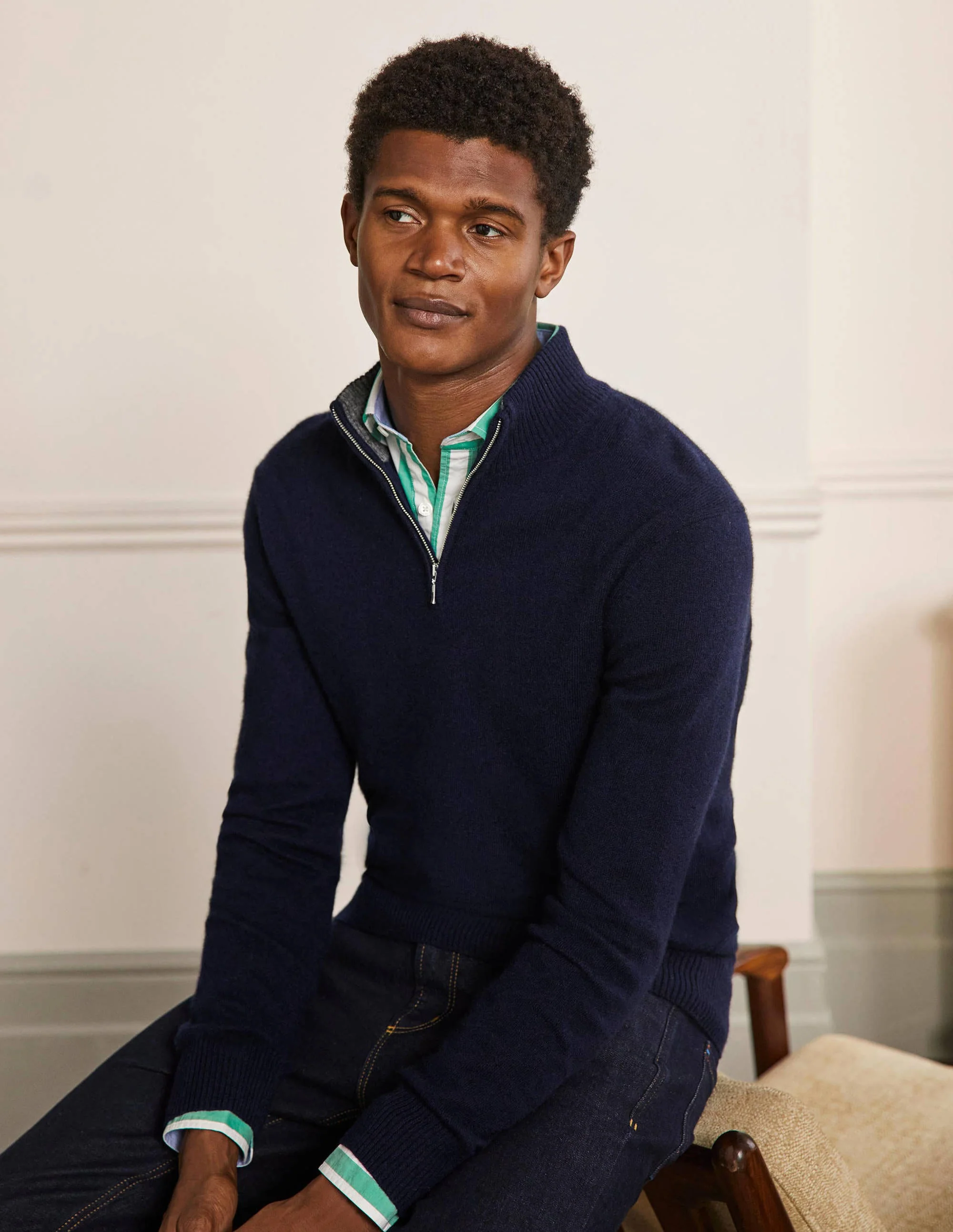 Kaschmirpullover mit halbem Reißverschluss-Marineblau