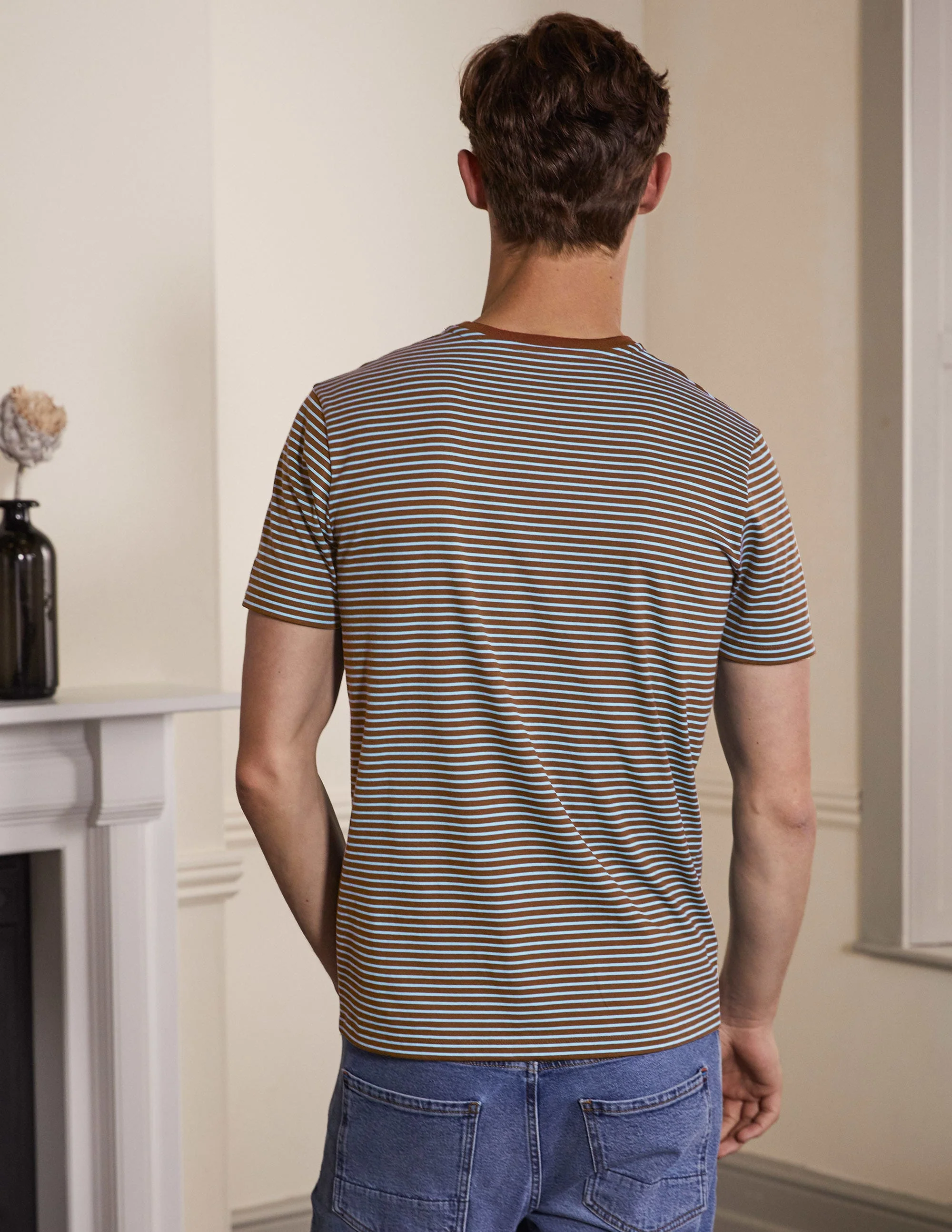 Klassisches Baumwoll-T-Shirt-Kakao/Flechtenblau, Gestreift - Image 3