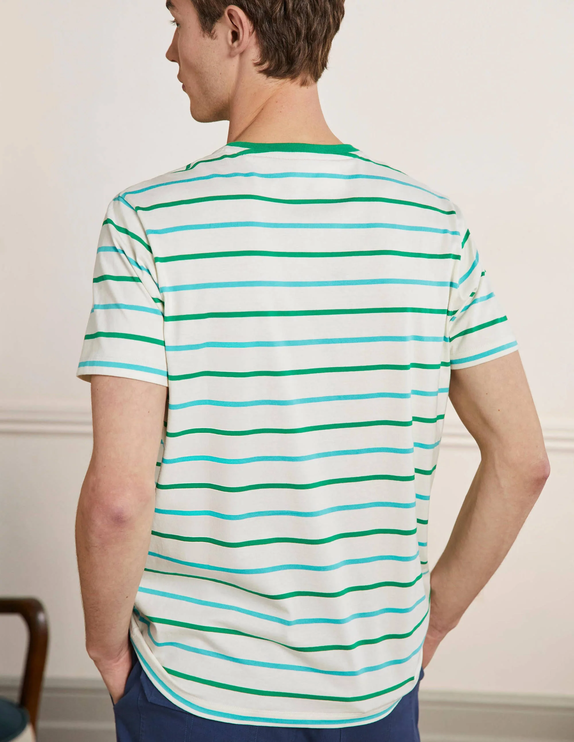 Klassisches Baumwoll-T-Shirt-Smaragdgrün/Naturweiß, Gestreift - Image 3