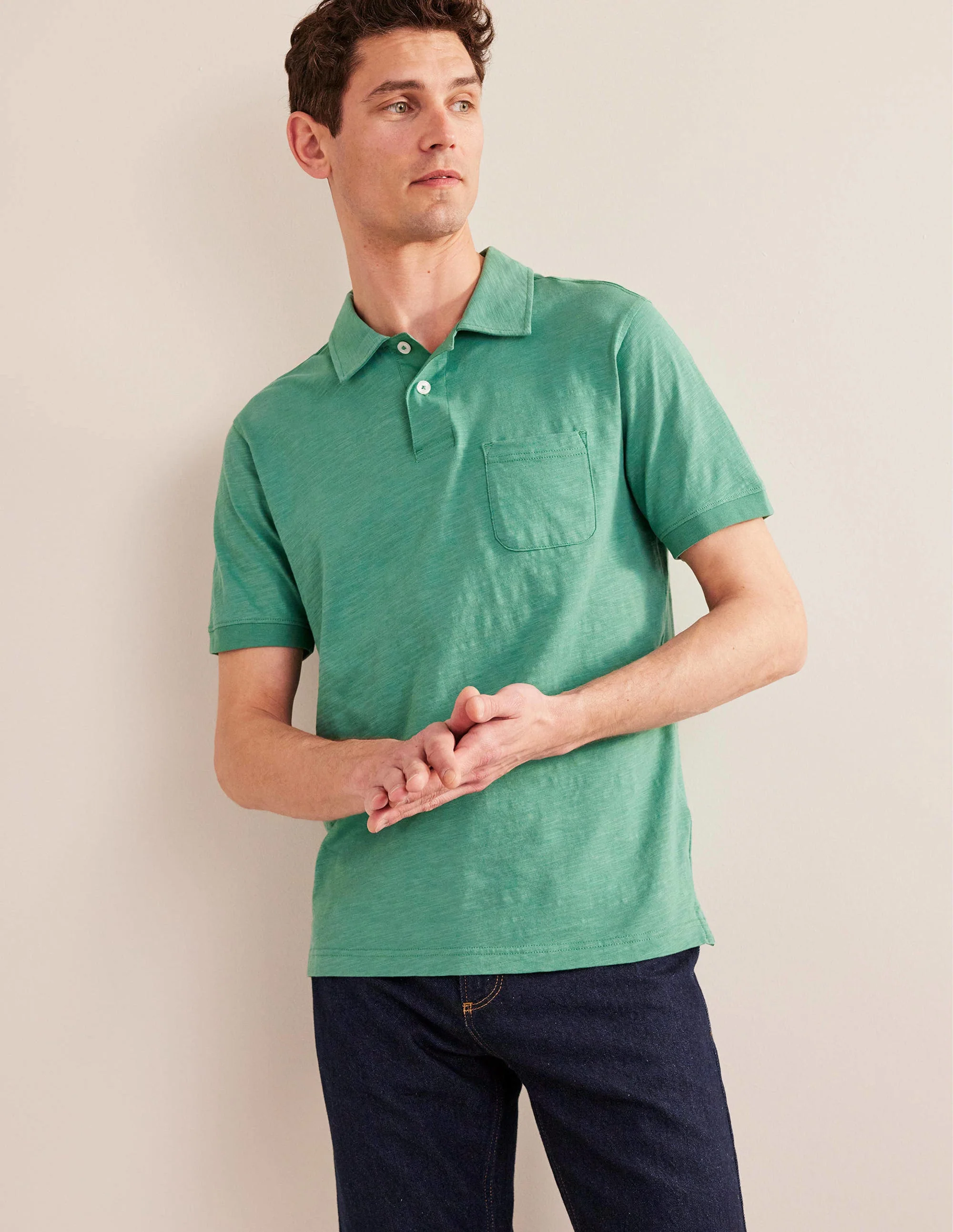 Kurzärmliges Poloshirt aus Flammgarn-Jersey-Meeresgrün