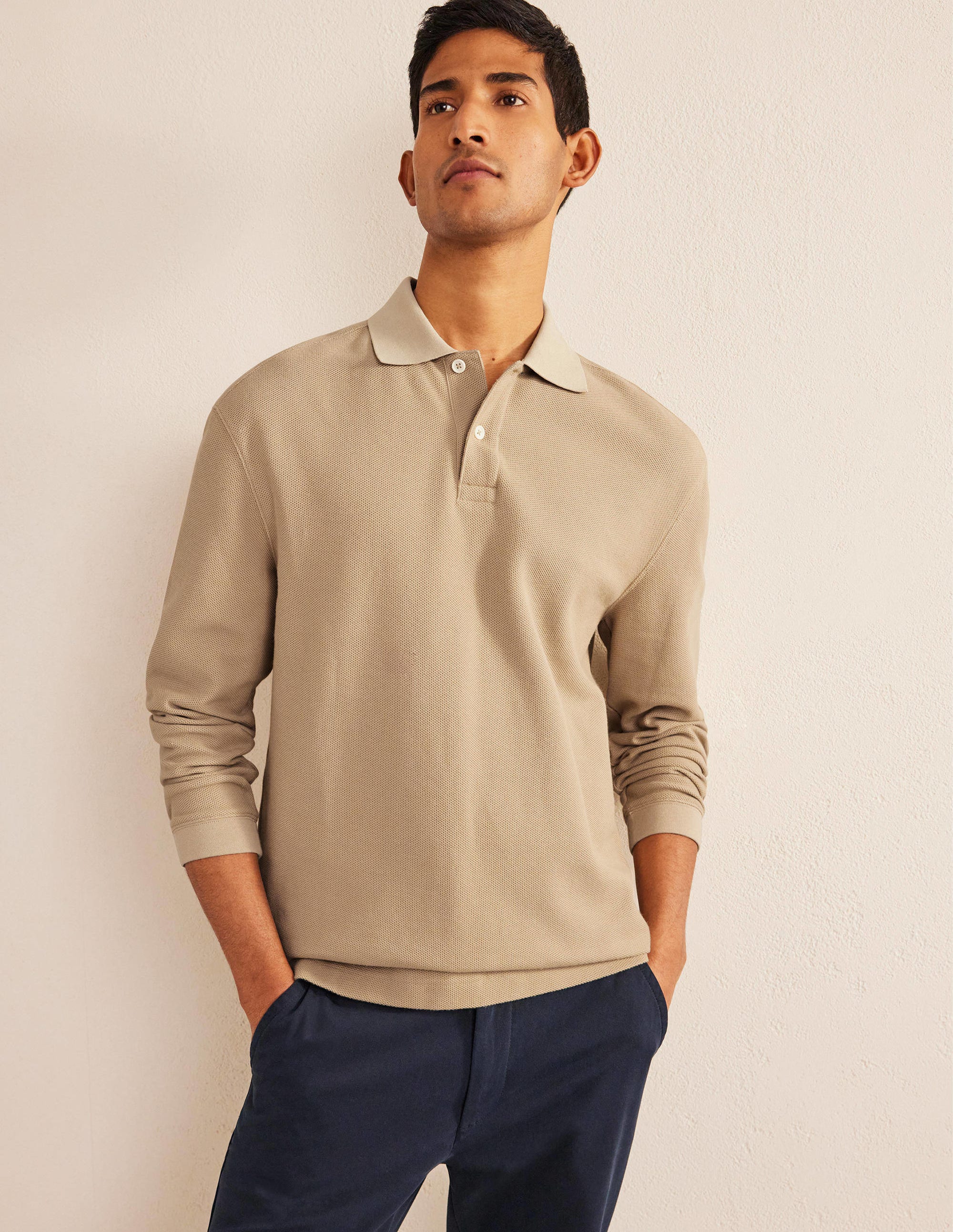 Lässiges Poloshirt mit langen Ärmeln-Steingrau - Image 4