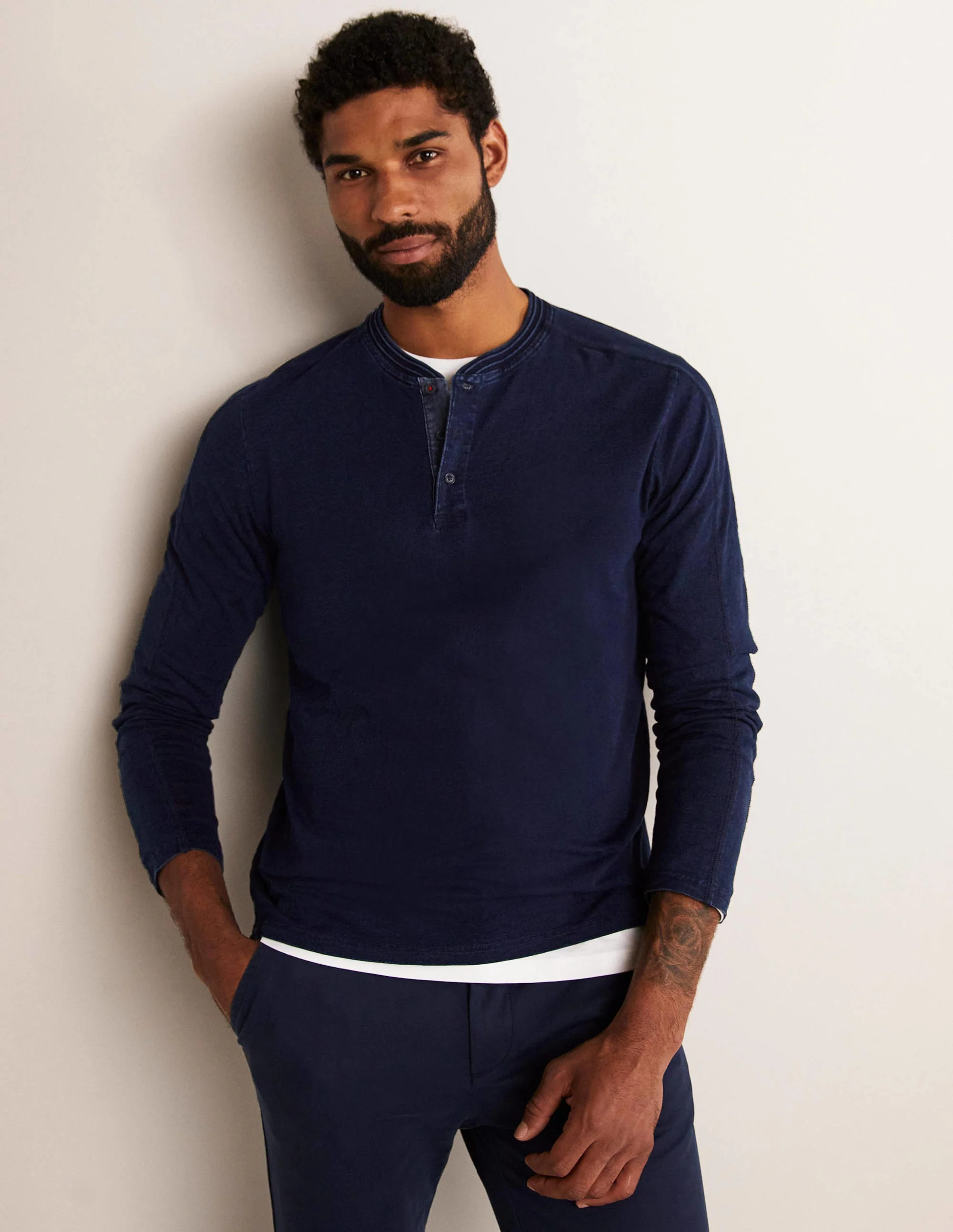Langärmliges Henley-Shirt-Indigoblau