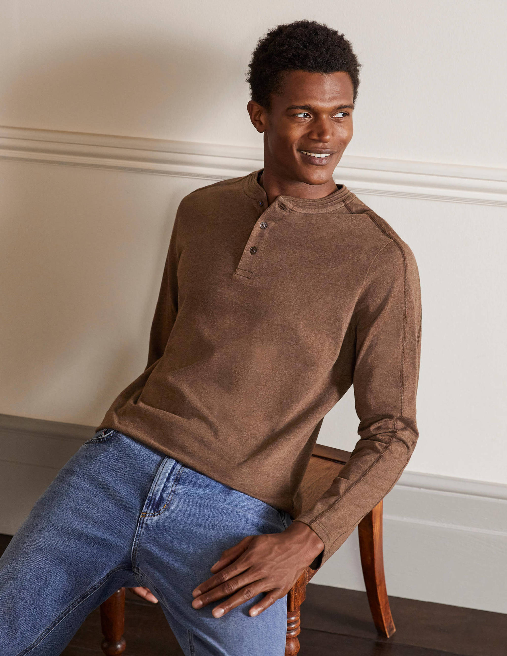 Langärmliges Henley-Shirt-Kakaobraun Meliert