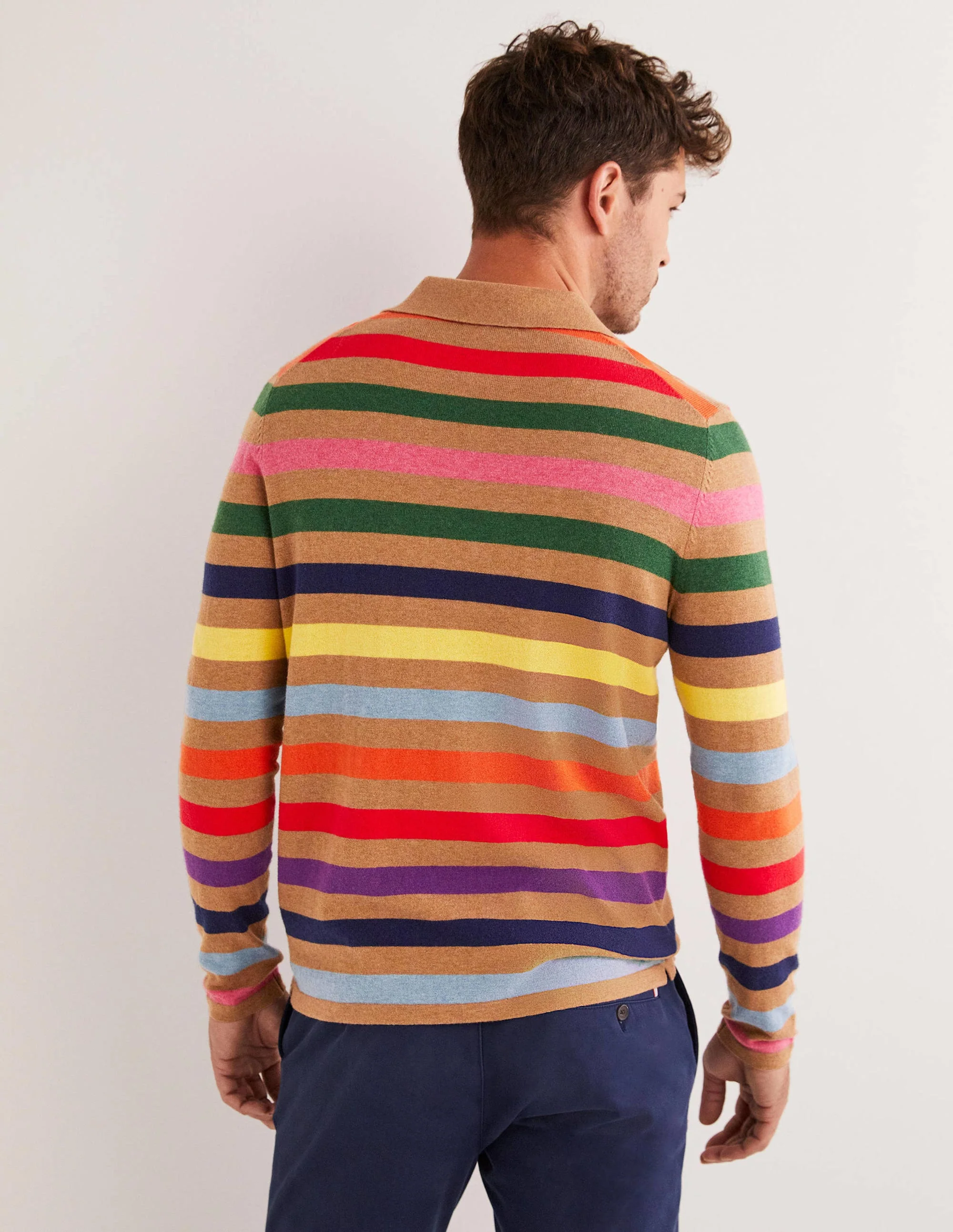 Langärmliges Poloshirt aus Feinstrick-Kamelbraun Melange, Bunte Streifen - Image 3