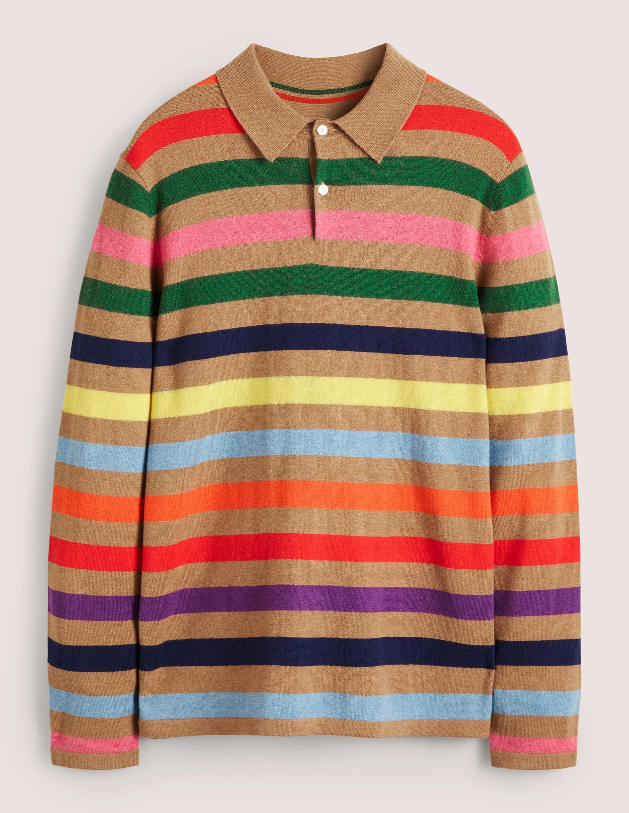 Langärmliges Poloshirt aus Feinstrick-Kamelbraun Melange, Bunte Streifen - Image 5