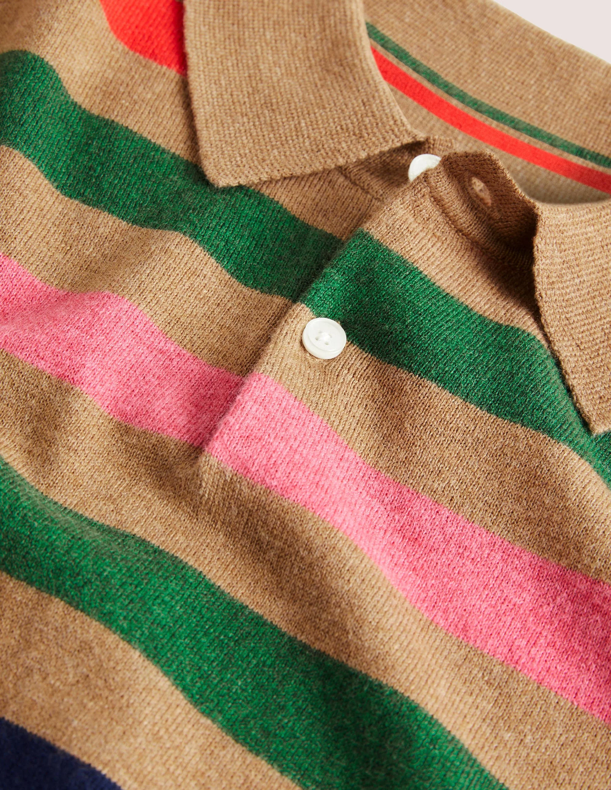 Langärmliges Poloshirt aus Feinstrick-Kamelbraun Melange, Bunte Streifen - Image 6