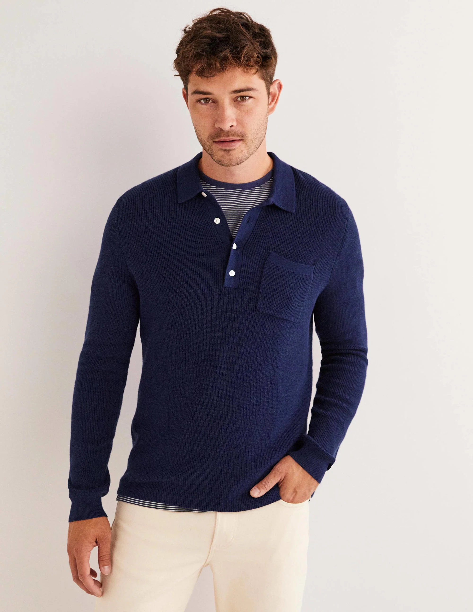 Langärmliges Strick-Poloshirt-Marineblau