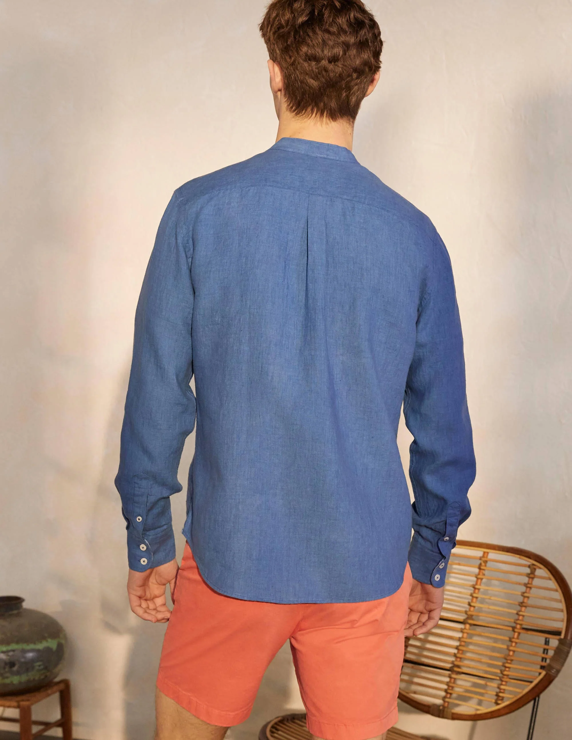 Leinenhemd mit Mandarinkragen-Tintenblau - Image 3