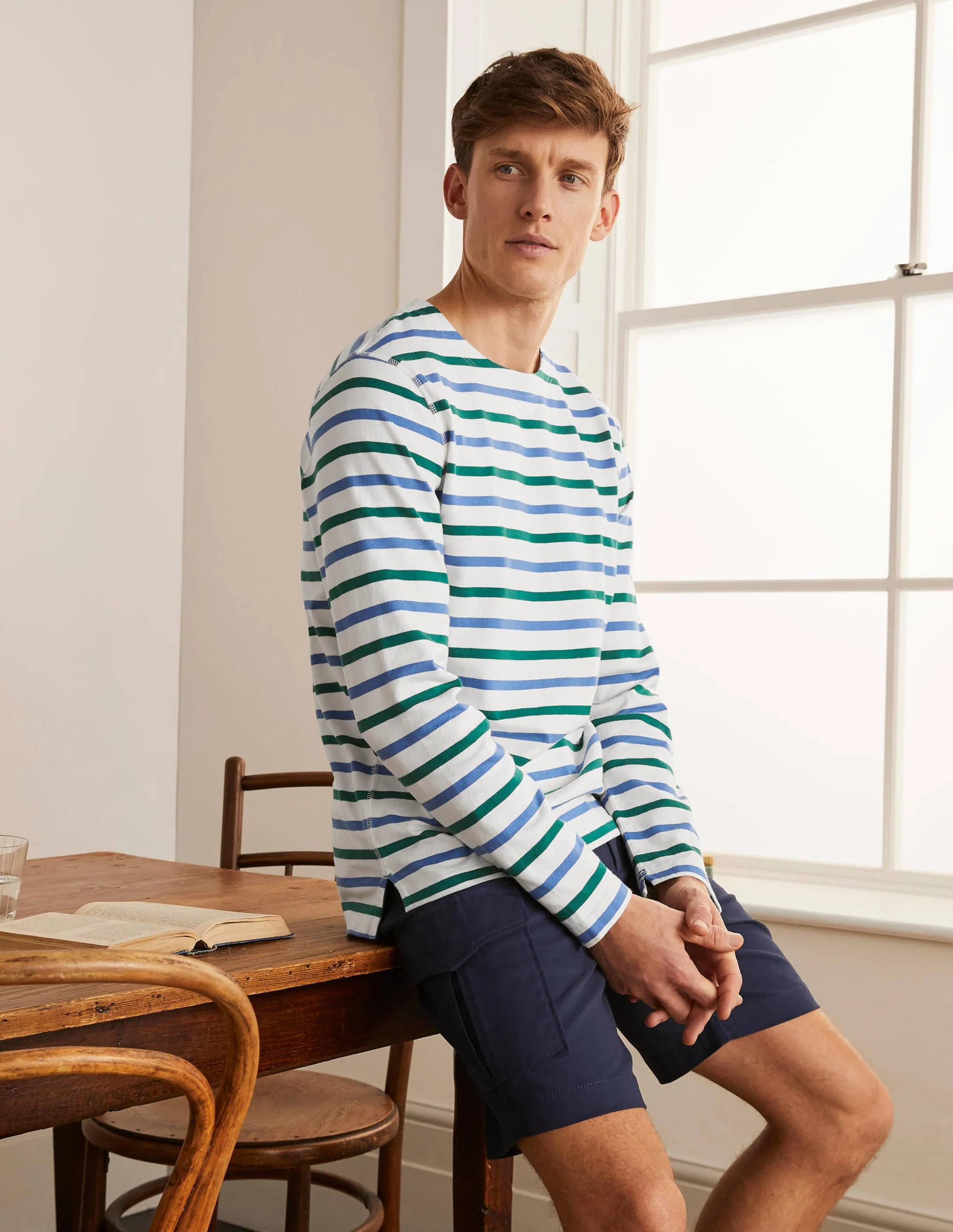 Mittelschweres Matrosen-Bretonshirt-Grüntöne/Himmelblau, Gestreift
