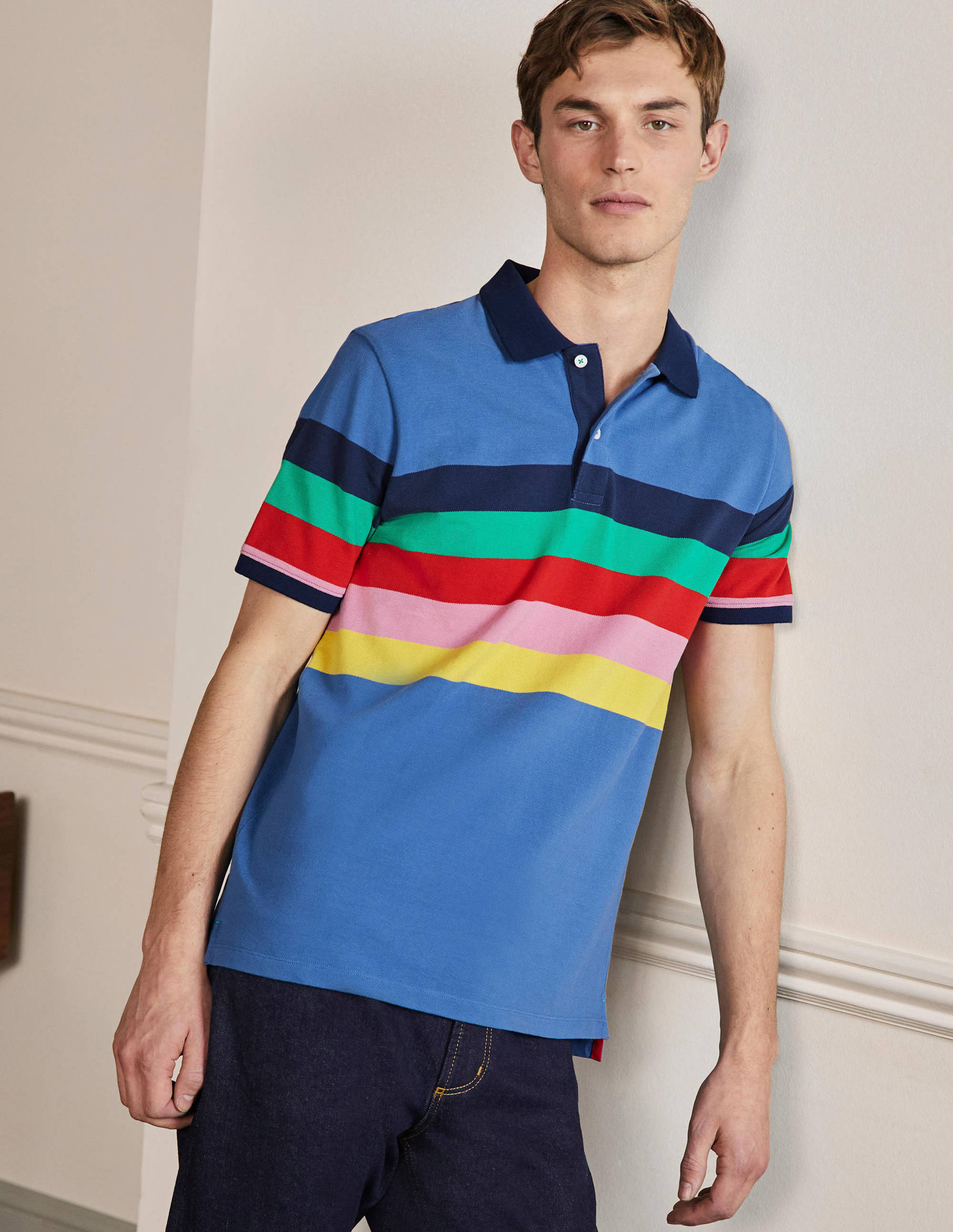 Piqué-Poloshirt-Dunkelblau, Regenbogenstreifen