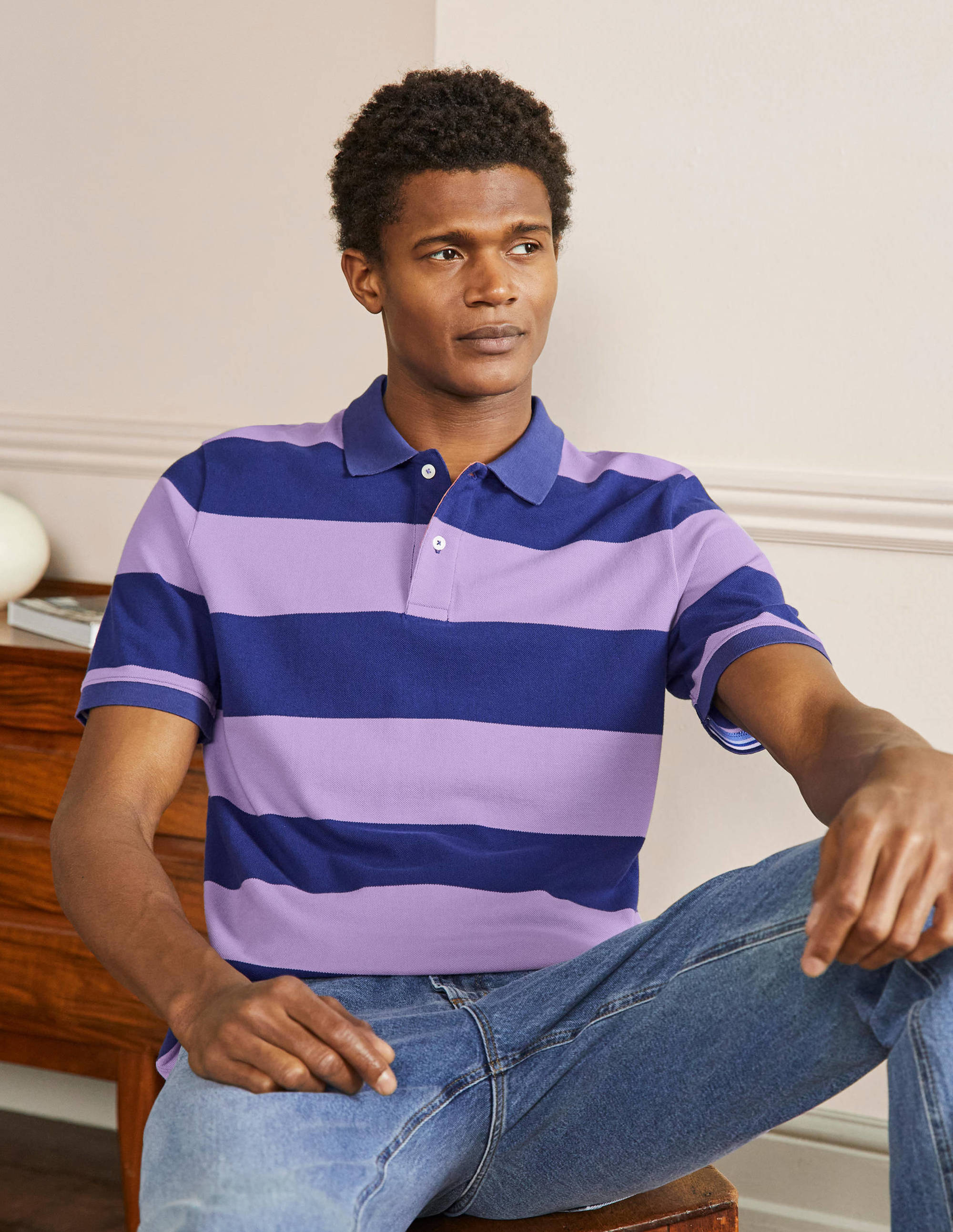 Piqué-Poloshirt-Violett/Offiziersblau, Gestreift