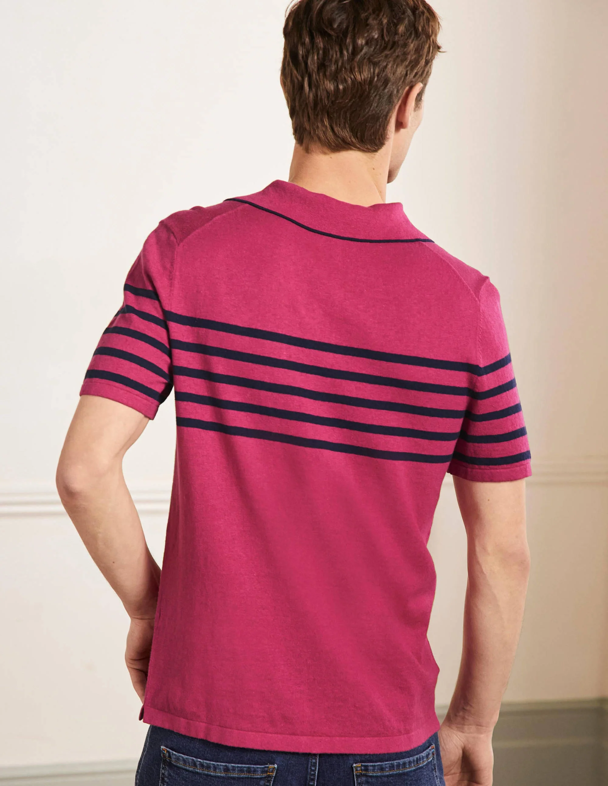 Poloshirt aus Leinenmischgewebe mit offenem Kragen-Altrosa, Streifen auf Brusthöhe - Image 3