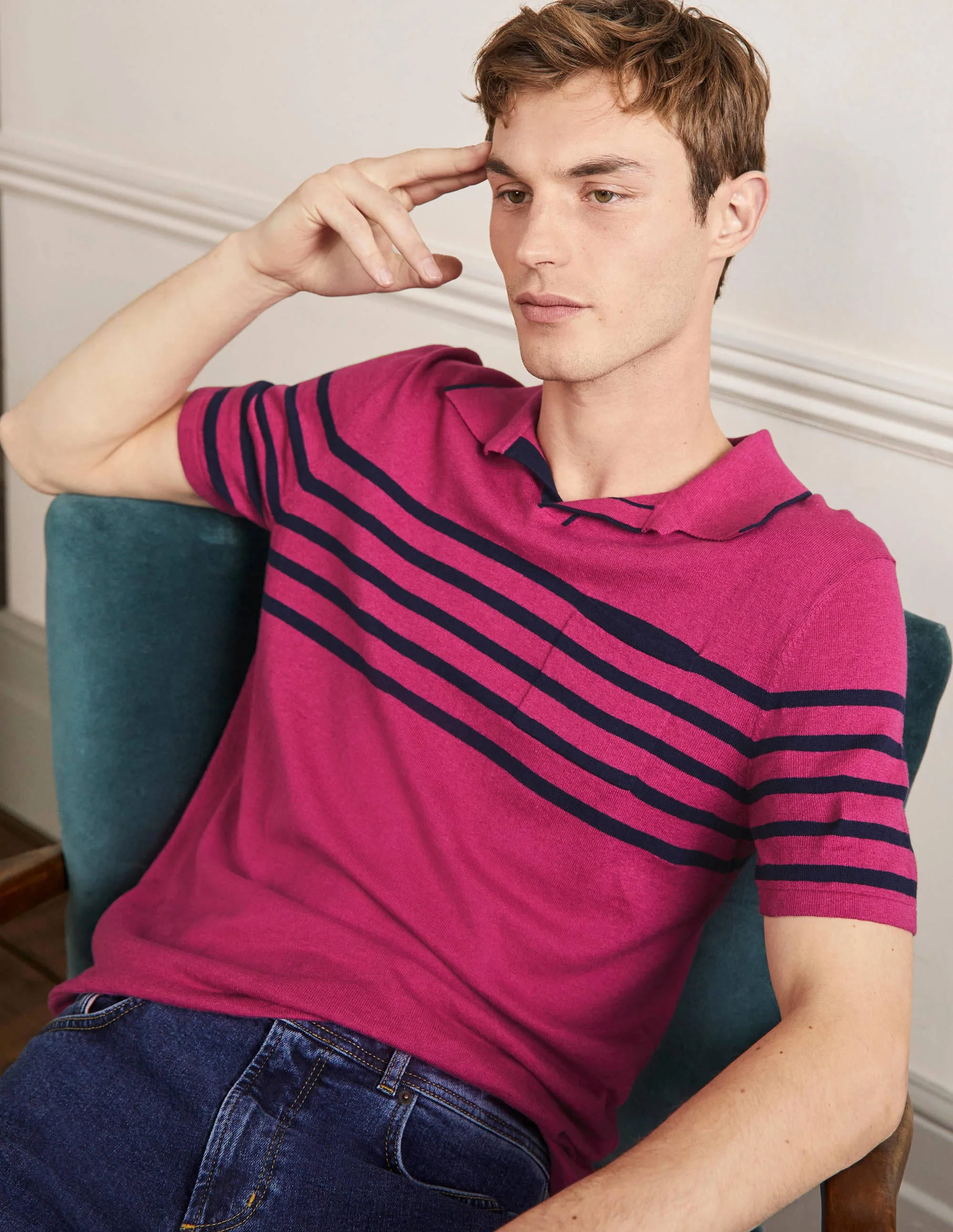 Poloshirt aus Leinenmischgewebe mit offenem Kragen-Altrosa, Streifen auf Brusthöhe - Image 4