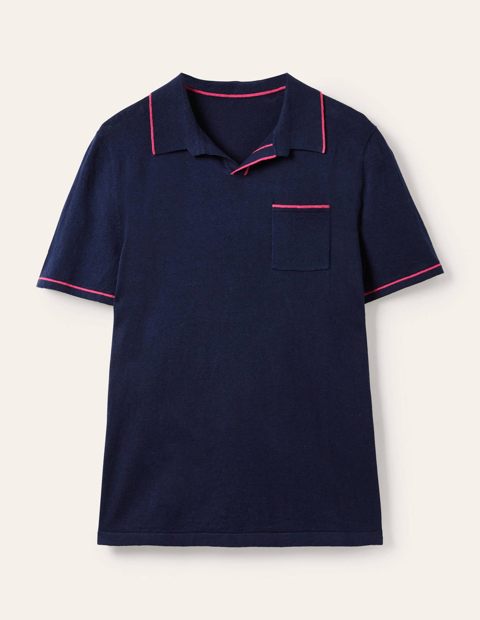 Poloshirt aus Leinenmischgewebe mit offenem Kragen-Schuluniform-Navy, Rosarote Paspeln - Image 6